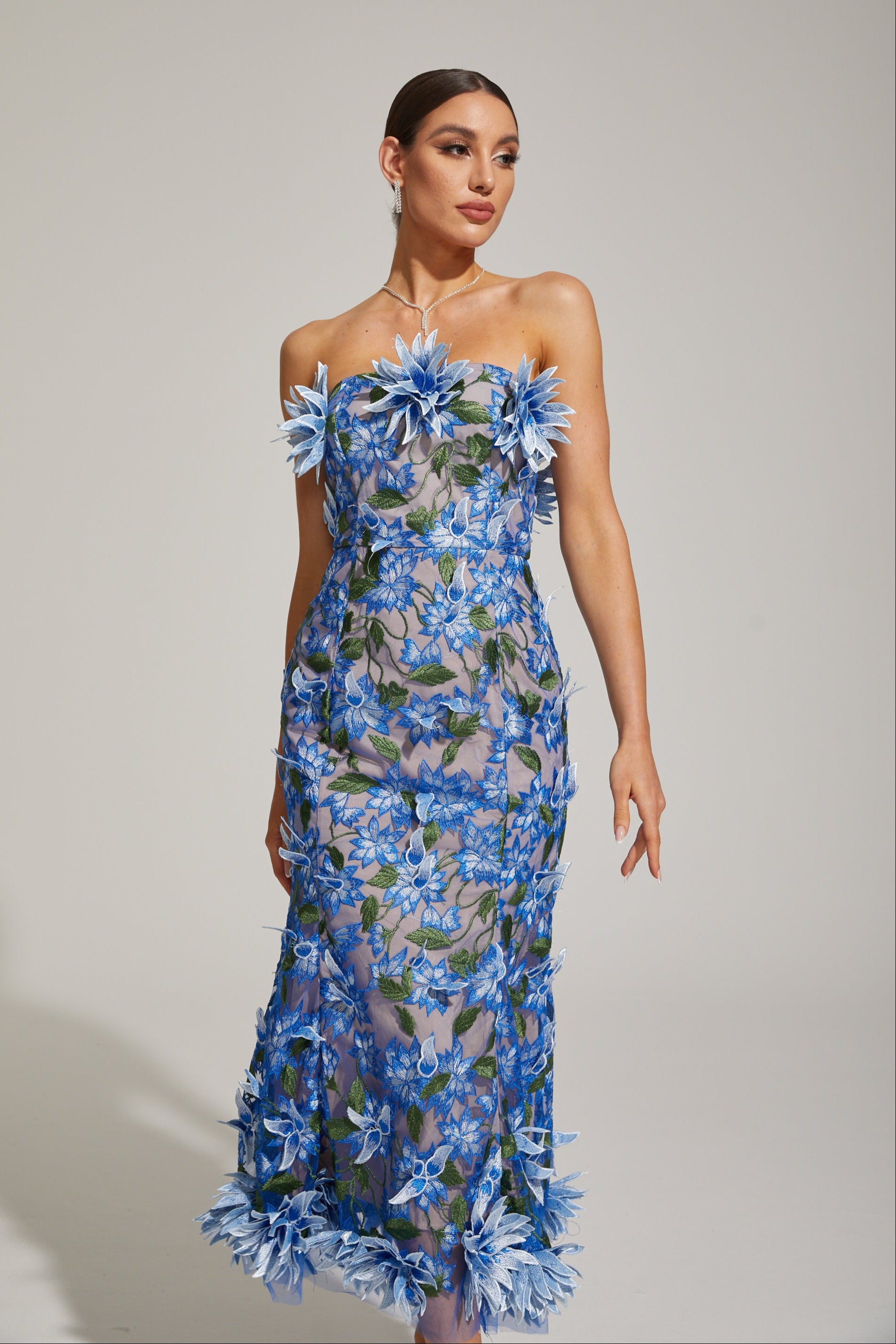 Aitana Azure Floral Strapless Embroidered Midi Dress