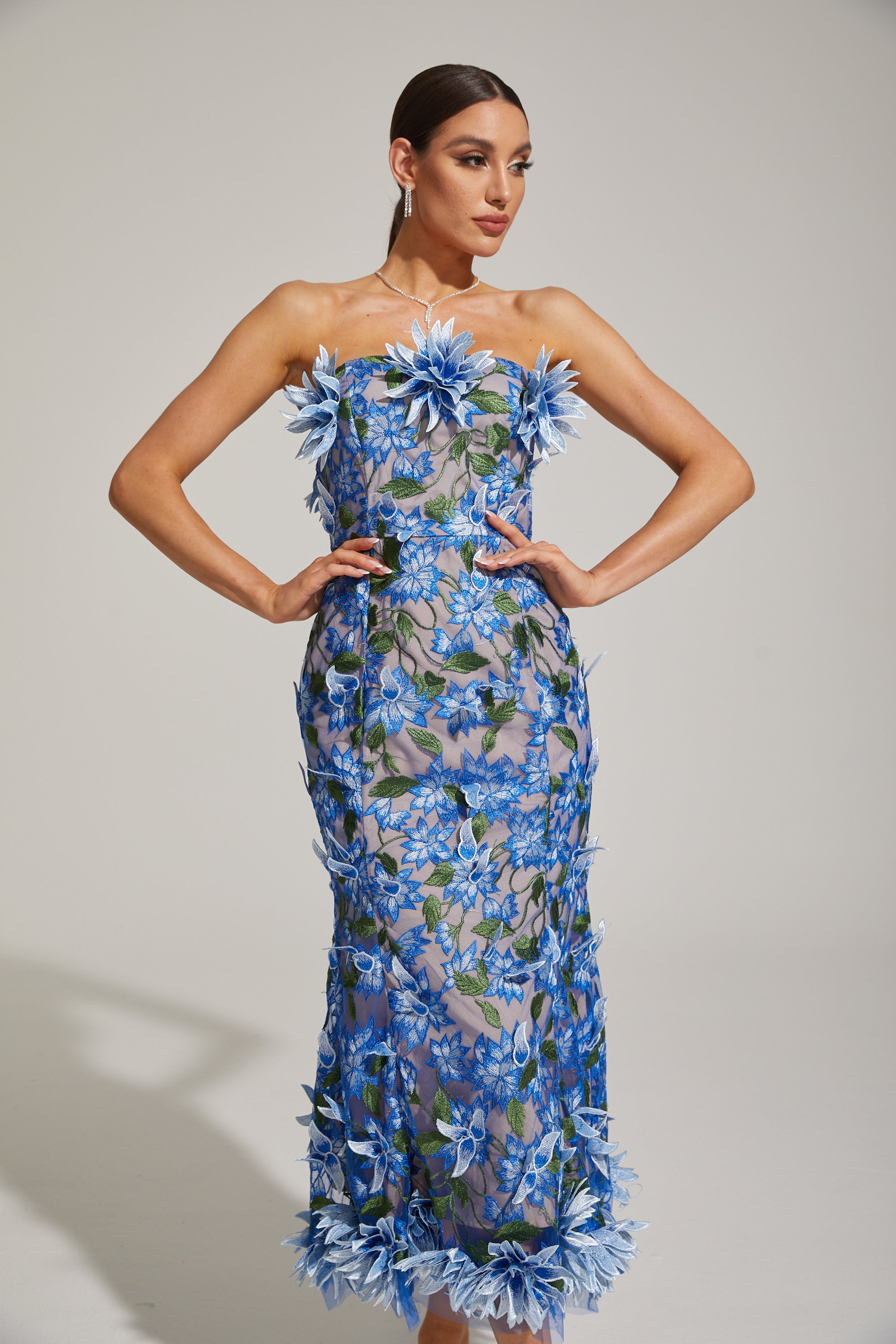 Aitana Azure Floral Strapless Embroidered Midi Dress