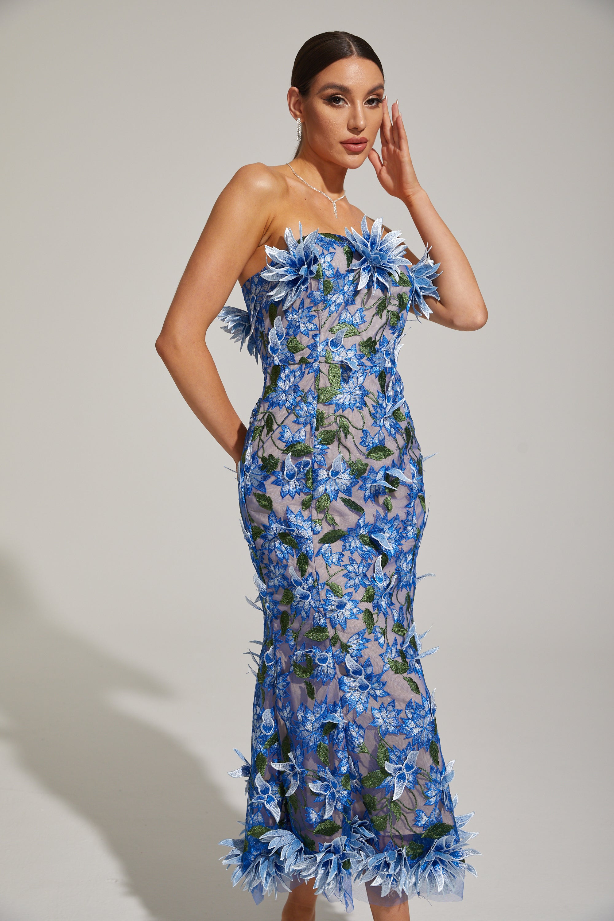Aitana Azure Floral Strapless Embroidered Midi Dress