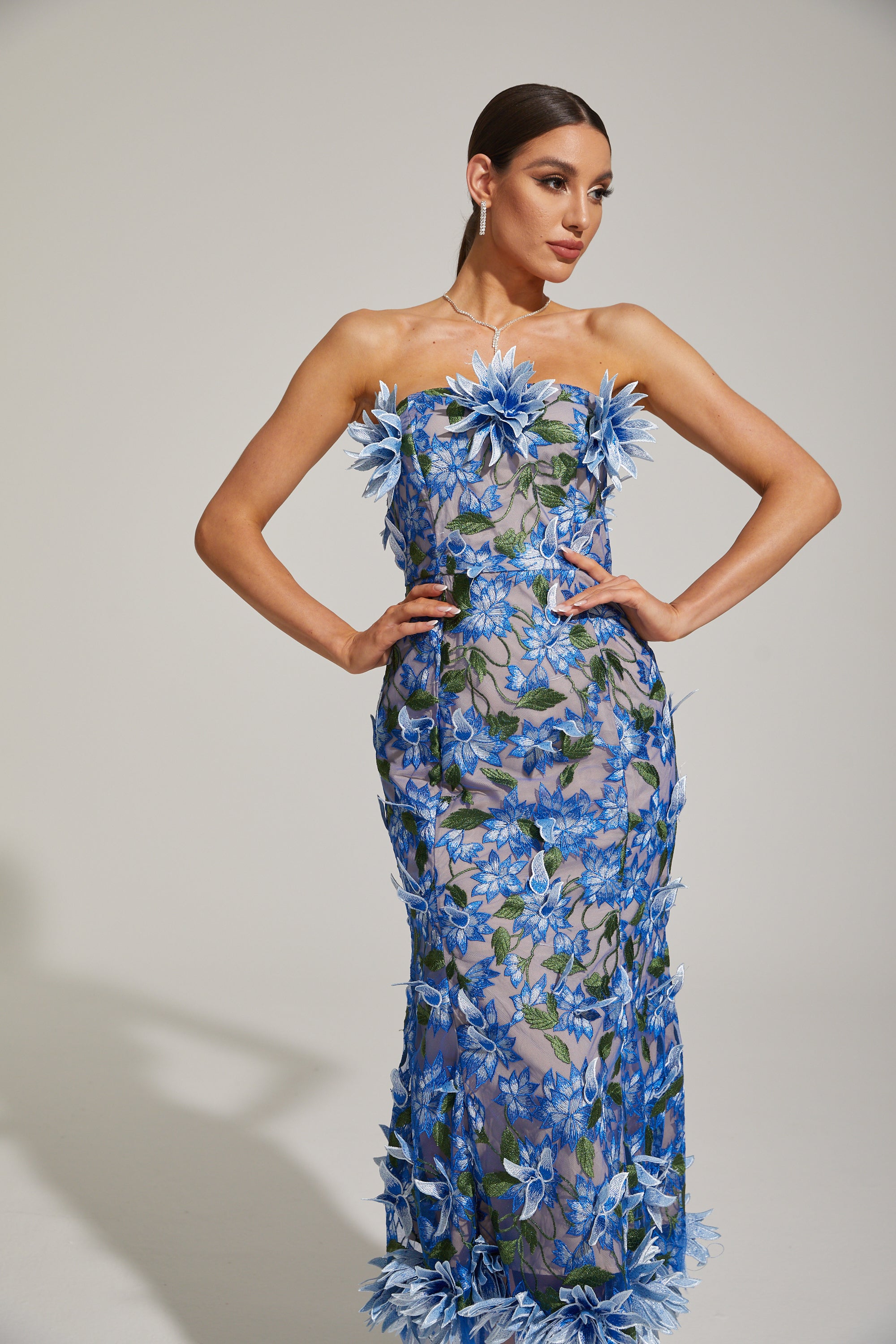 Aitana Azure Floral Strapless Embroidered Midi Dress