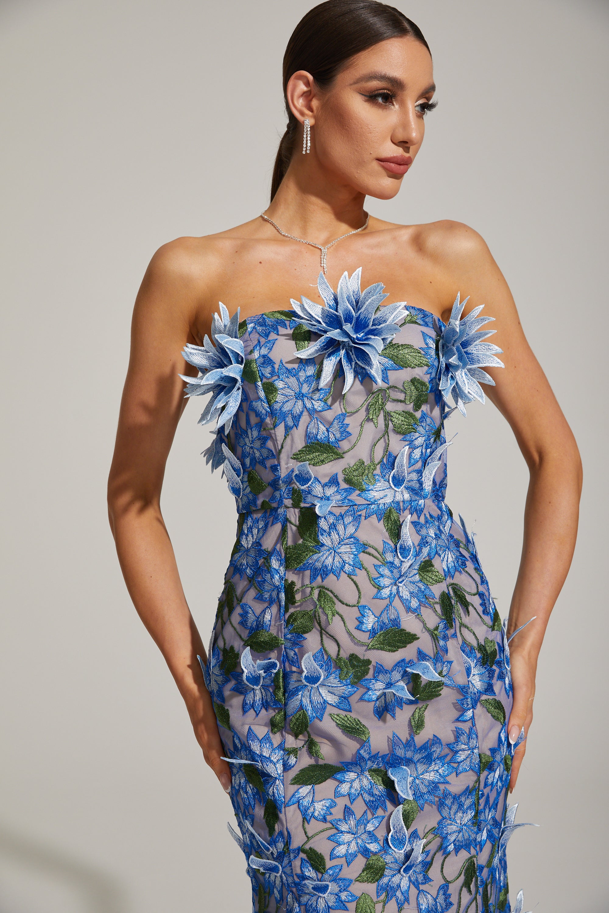 Aitana Azure Floral Strapless Embroidered Midi Dress