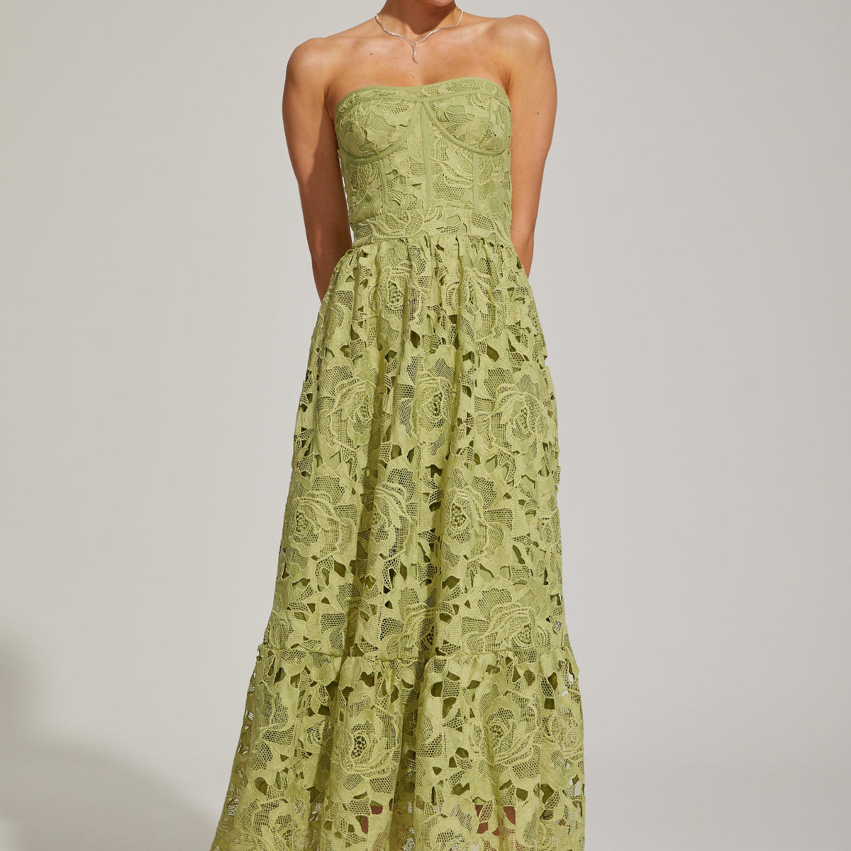 green lace strapless dress Strapless Lace Sheath Dress 4 / Juniper