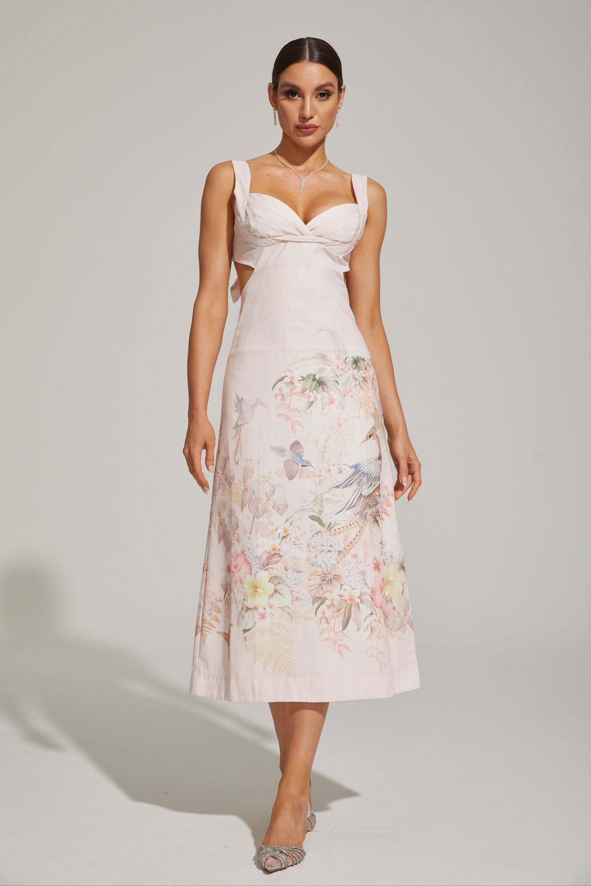 Apollonia Pastel Floral Sweetheart Midi Dress