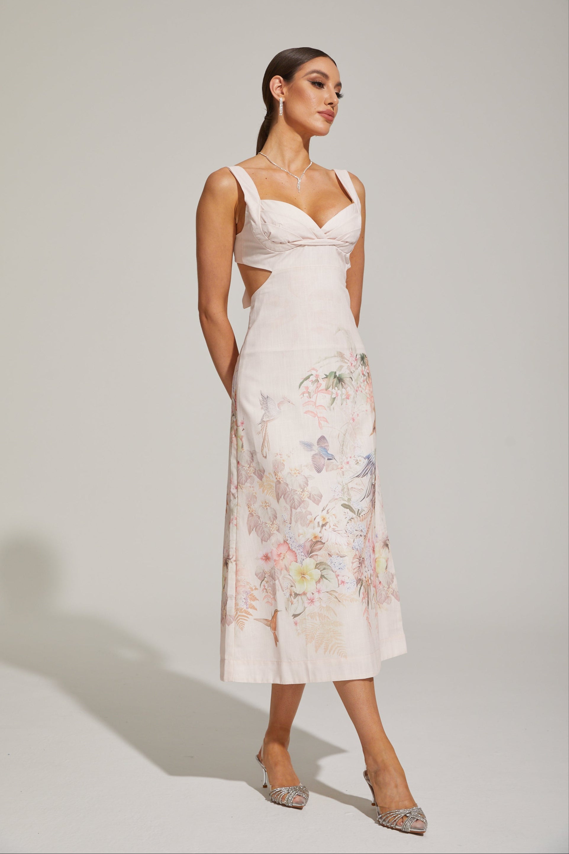 Apollonia Pastel Floral Sweetheart Midi Dress