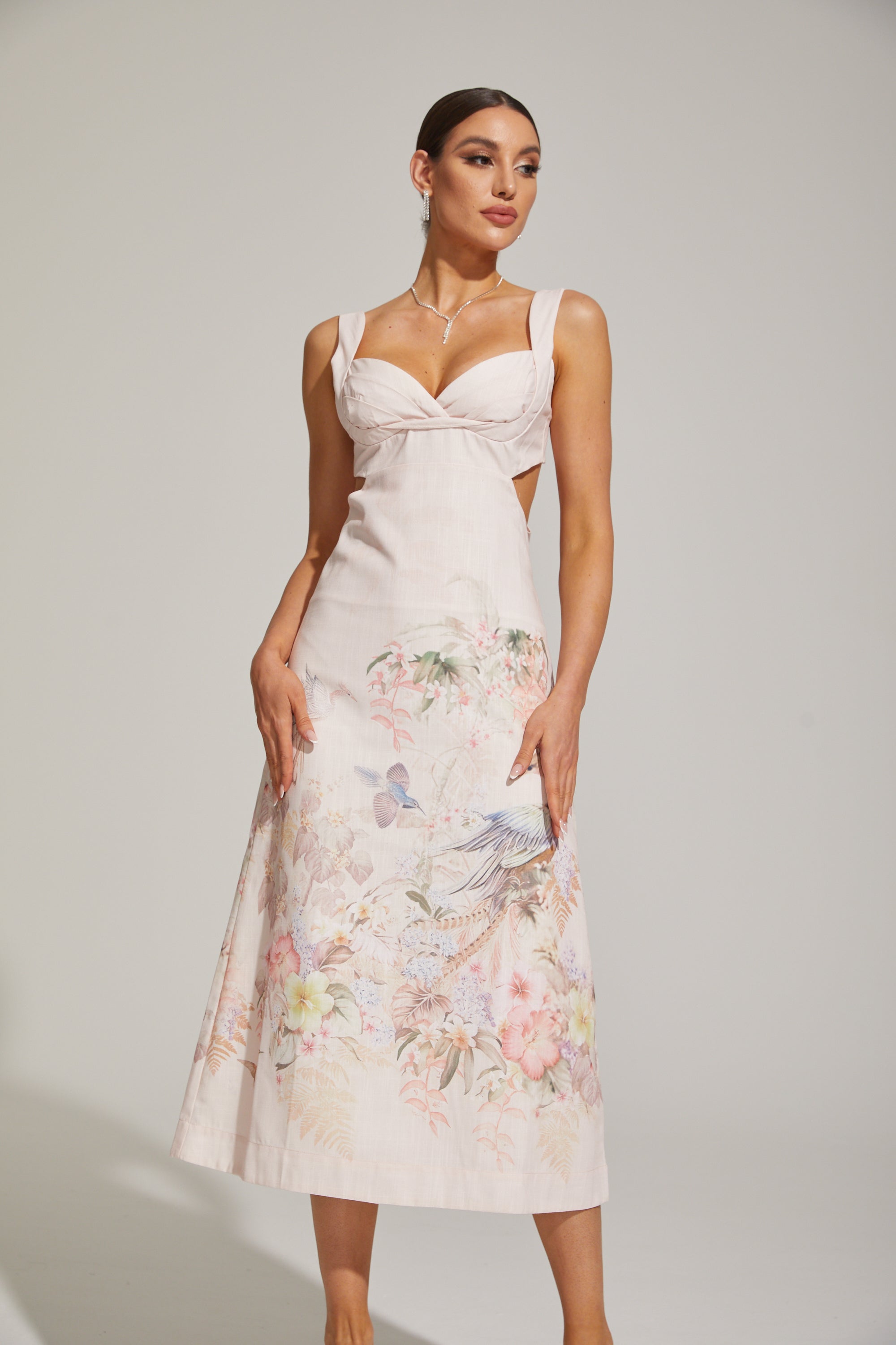 Apollonia Pastel Floral Sweetheart Midi Dress