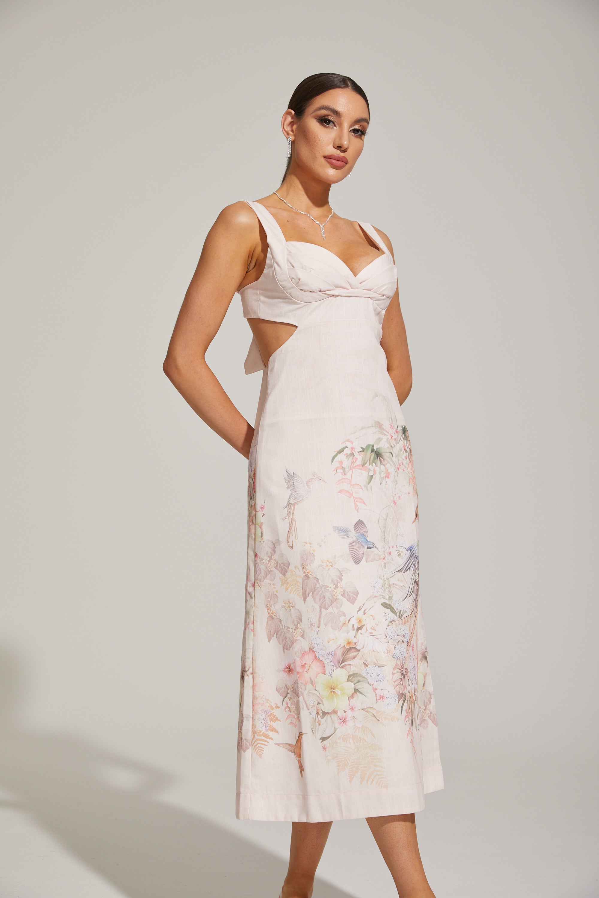 Apollonia Pastel Floral Sweetheart Midi Dress