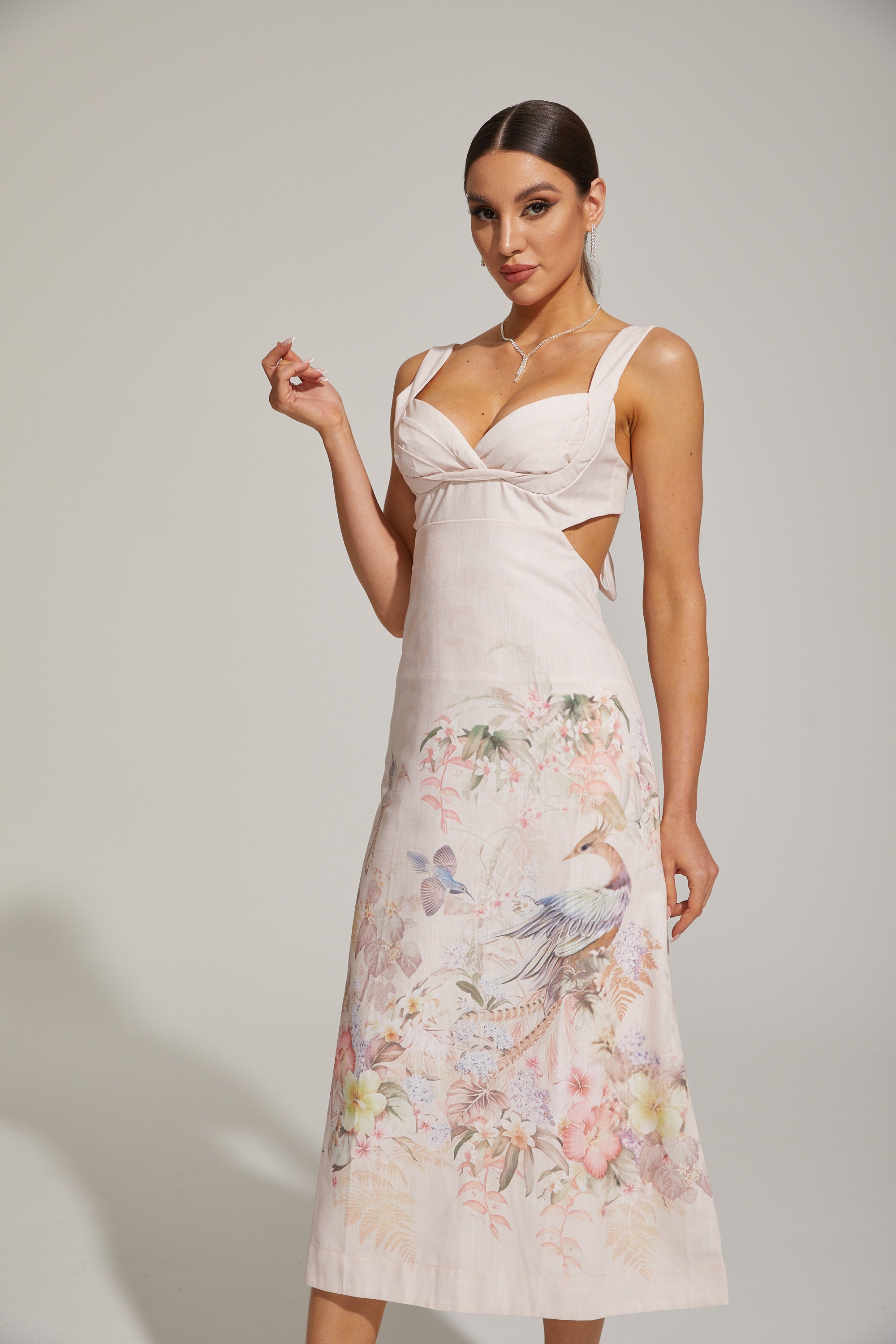 Apollonia Pastel Floral Sweetheart Midi Dress
