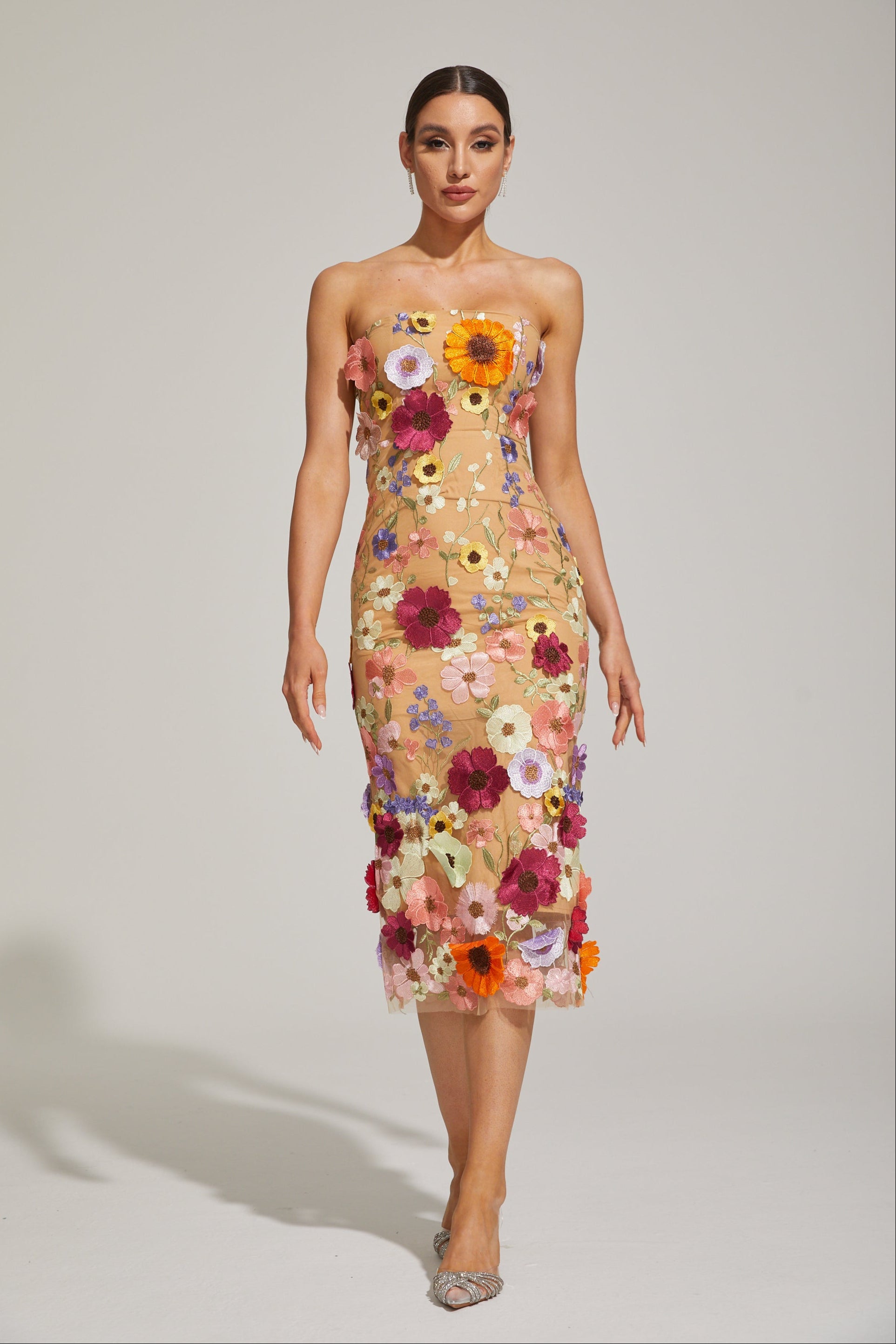 Lilas Floral Strapless Midi Dress