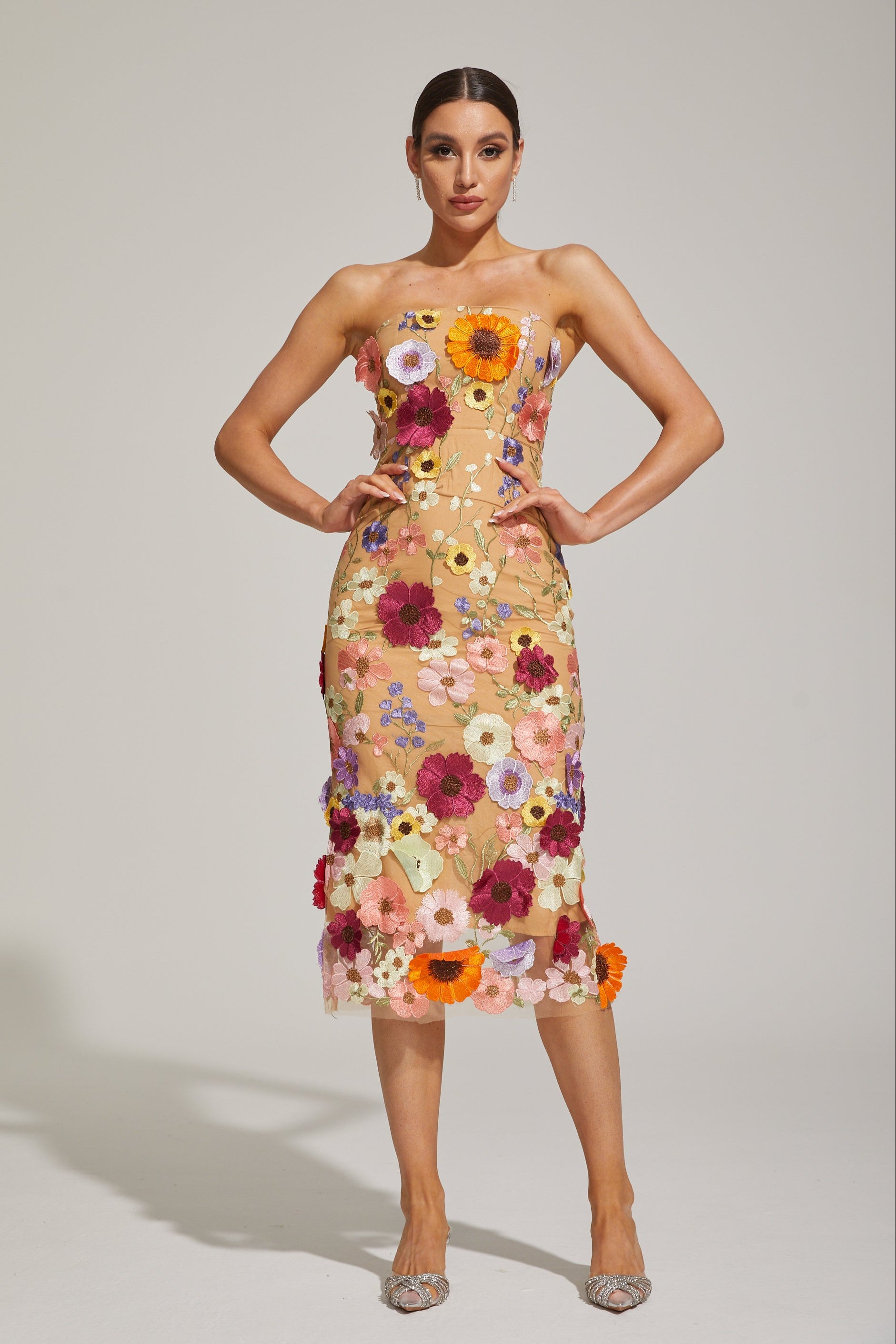Lilas Floral Strapless Midi Dress