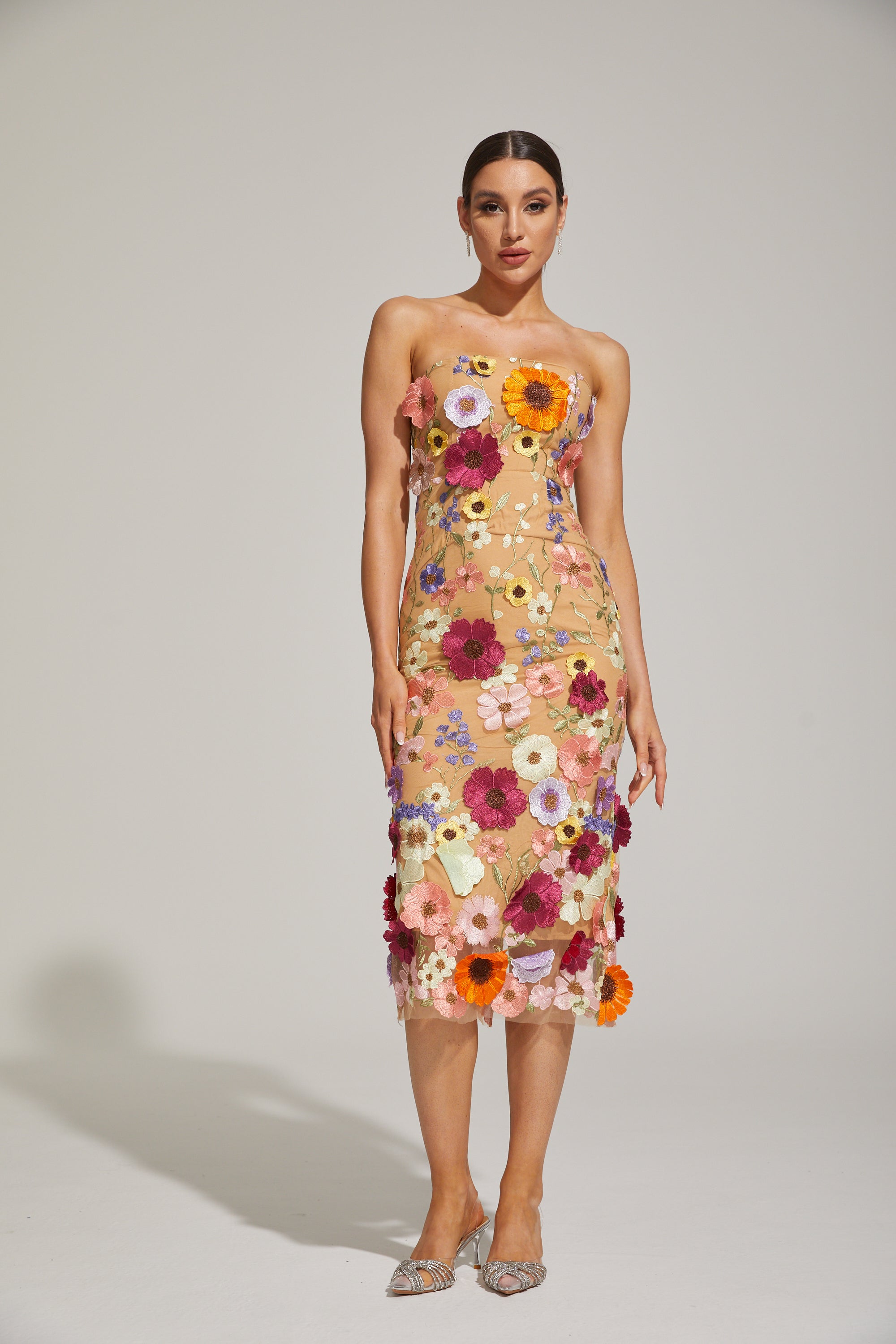 Lilas Floral Strapless Midi Dress