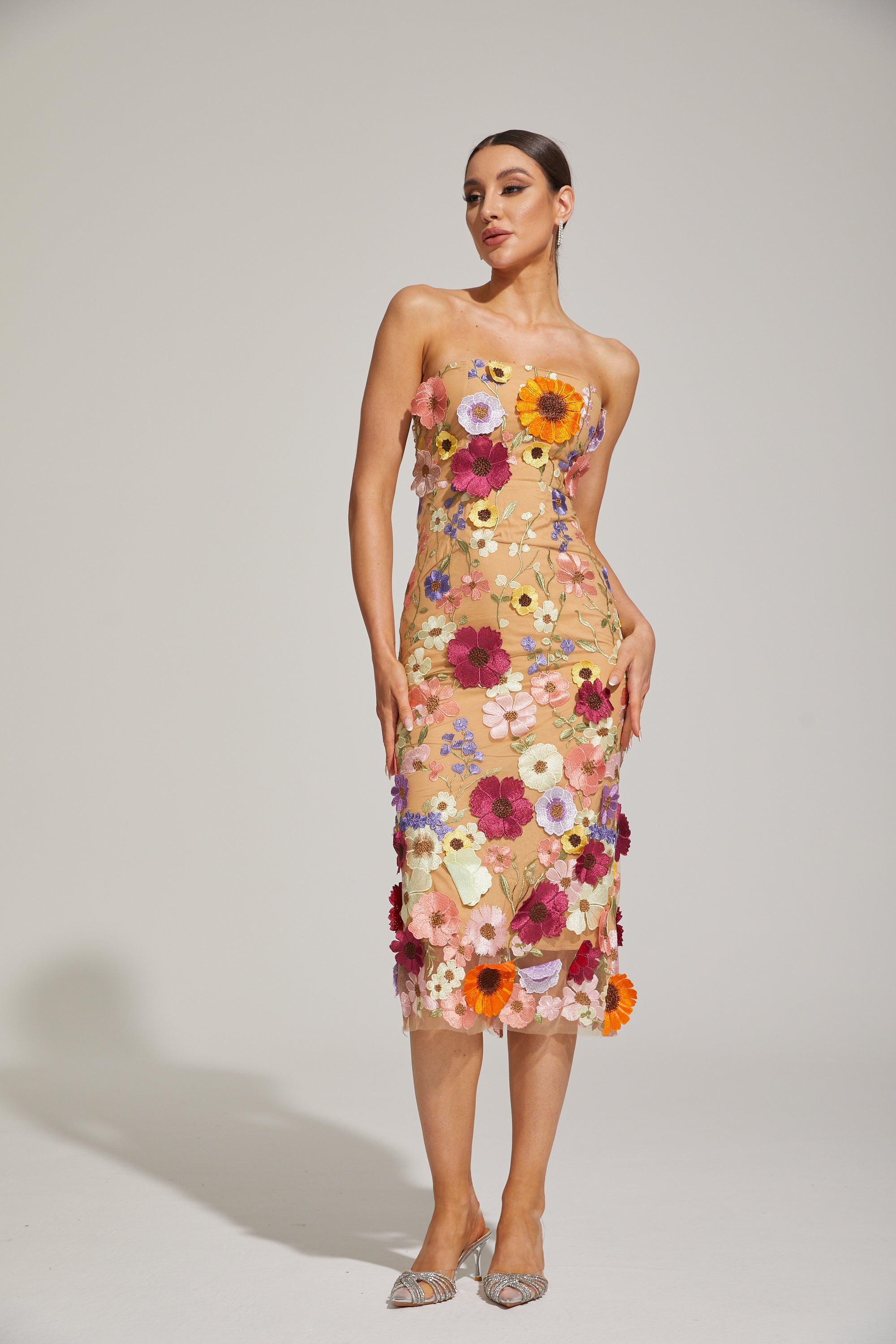 Lilas Floral Strapless Midi Dress