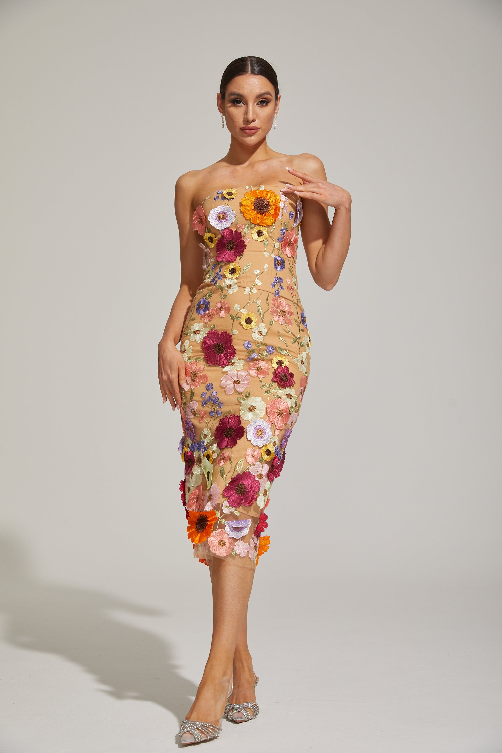 Lilas Floral Strapless Midi Dress