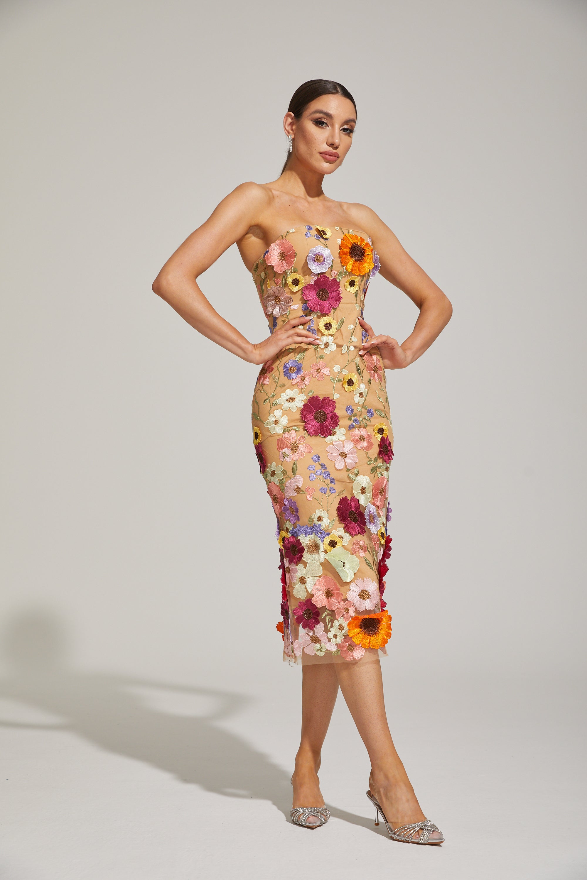 Lilas Floral Strapless Midi Dress