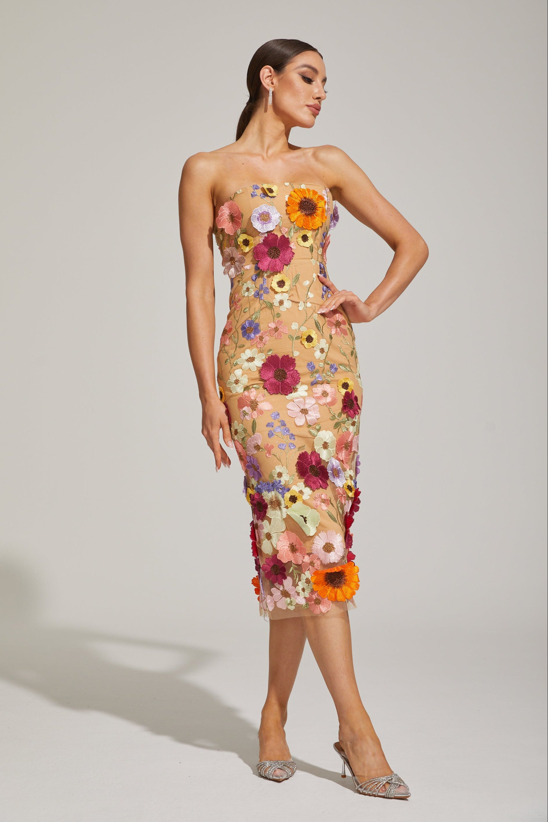 Lilas Floral Strapless Midi Dress