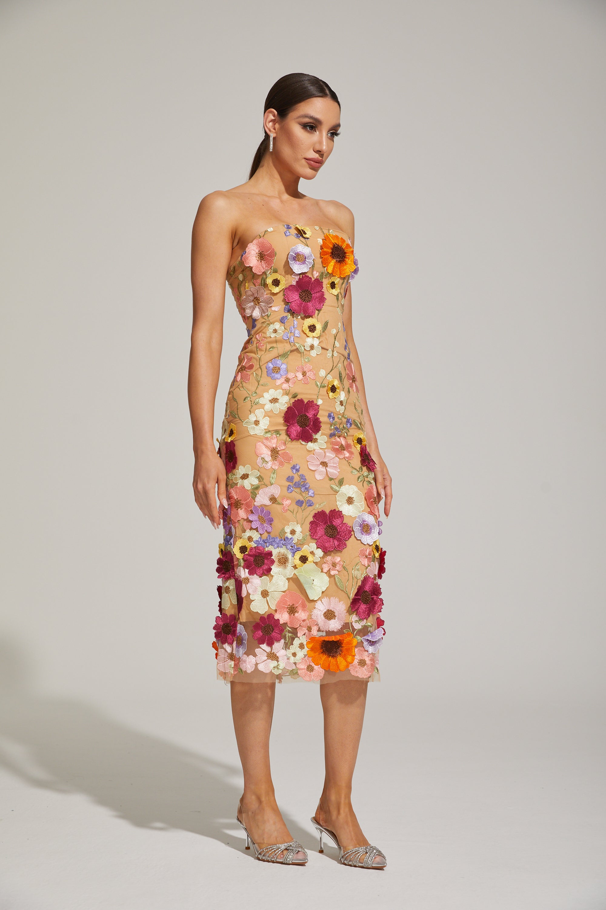 Lilas Floral Strapless Midi Dress