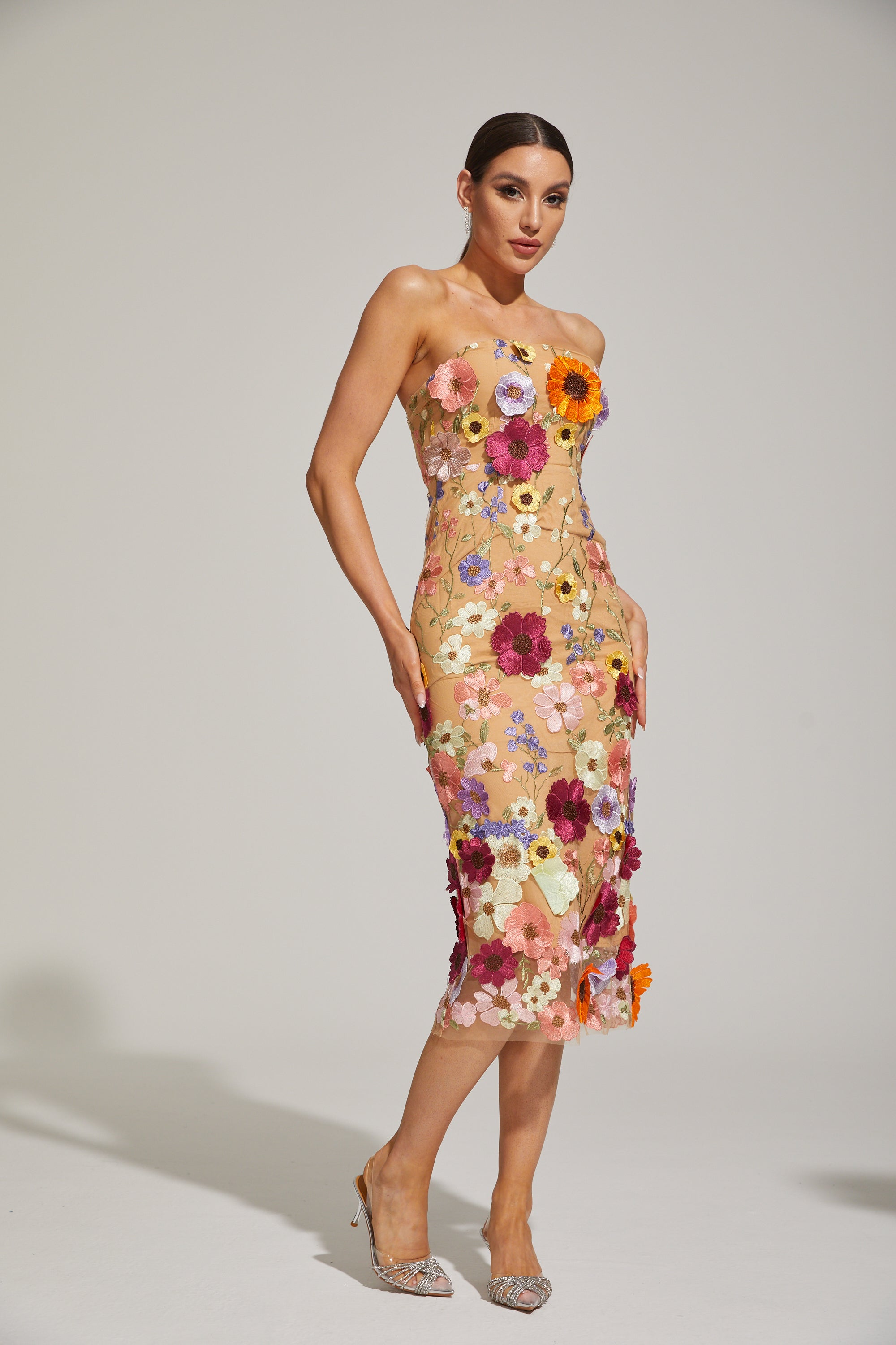 Lilas Floral Strapless Midi Dress