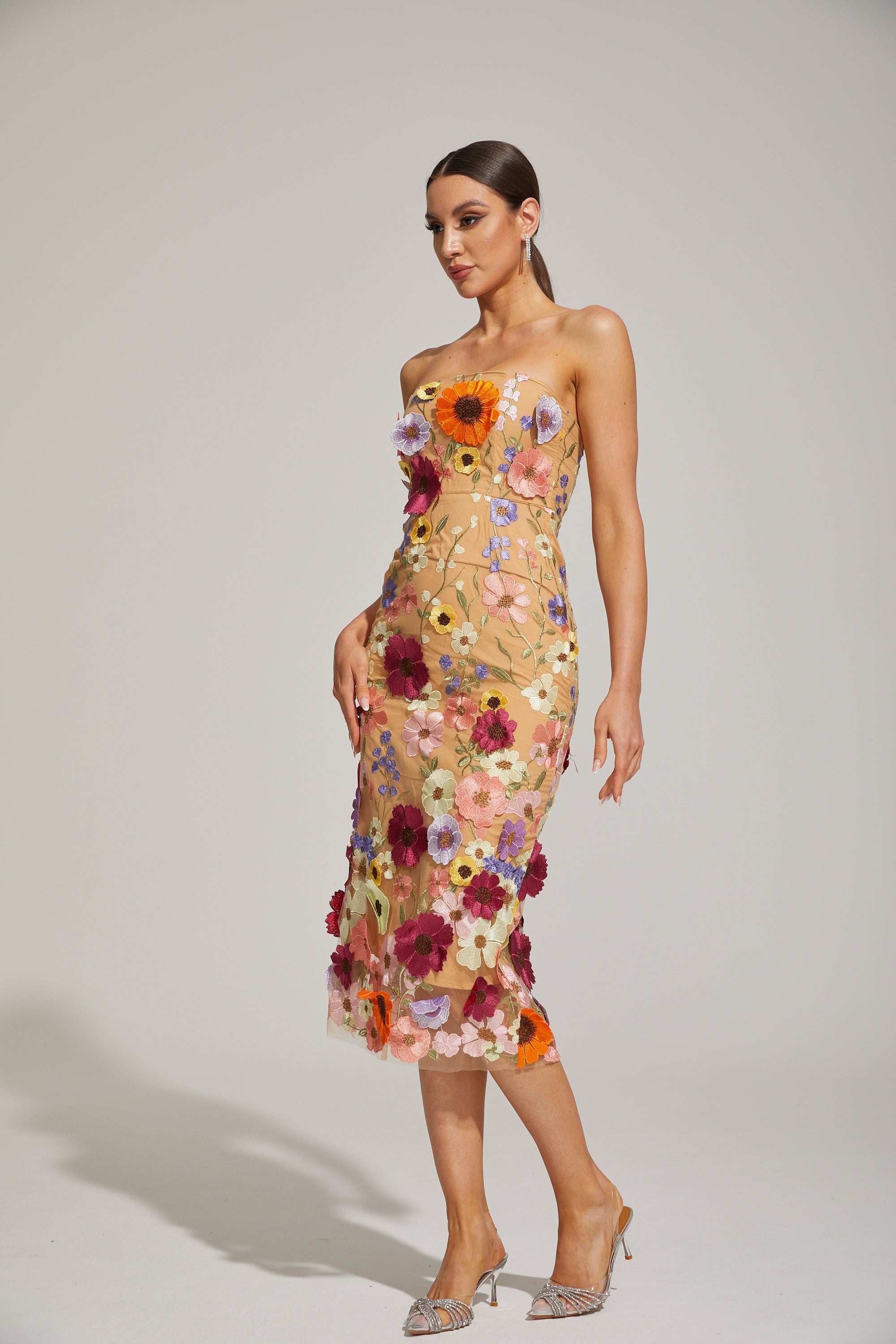 Lilas Floral Strapless Midi Dress