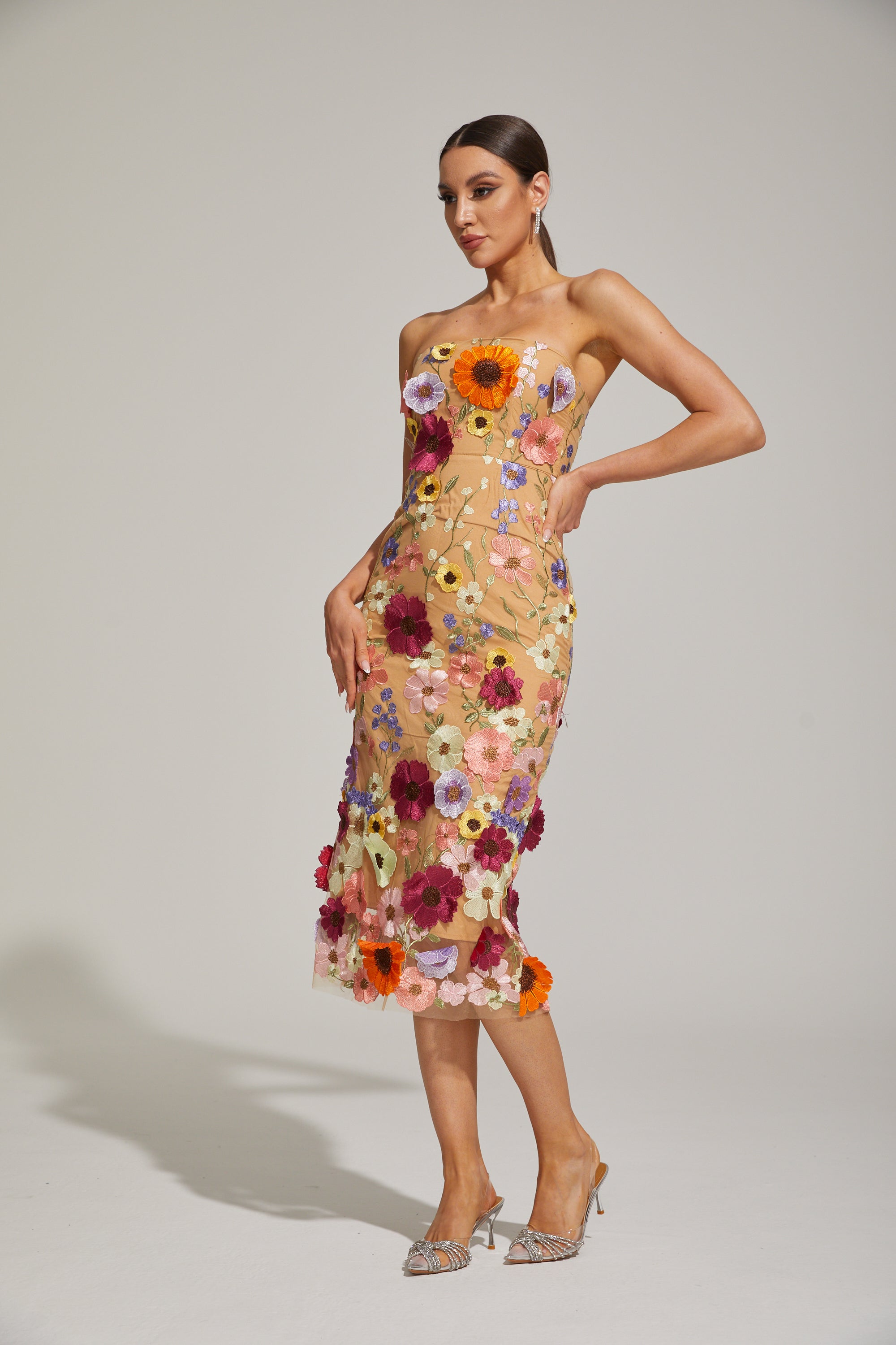 Lilas Floral Strapless Midi Dress