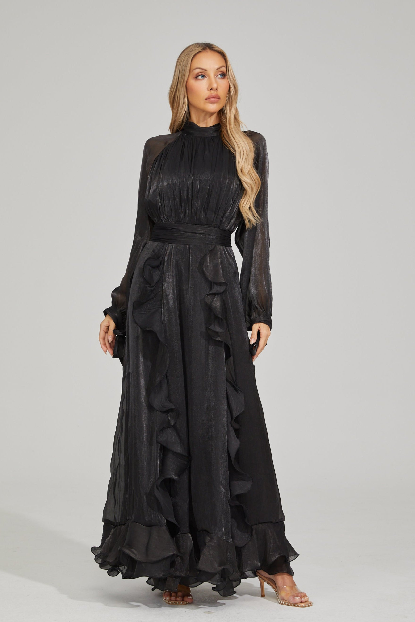 Zinovia Noir Ruffle Maxi Dress