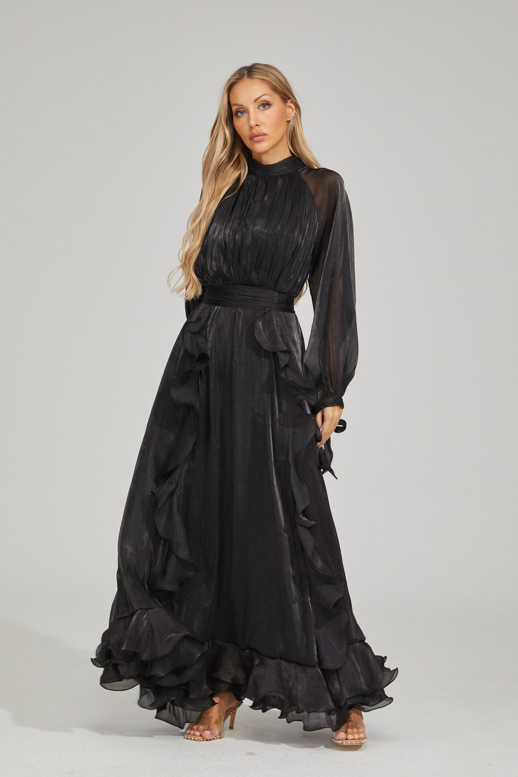 Zinovia Noir Ruffle Maxi Dress