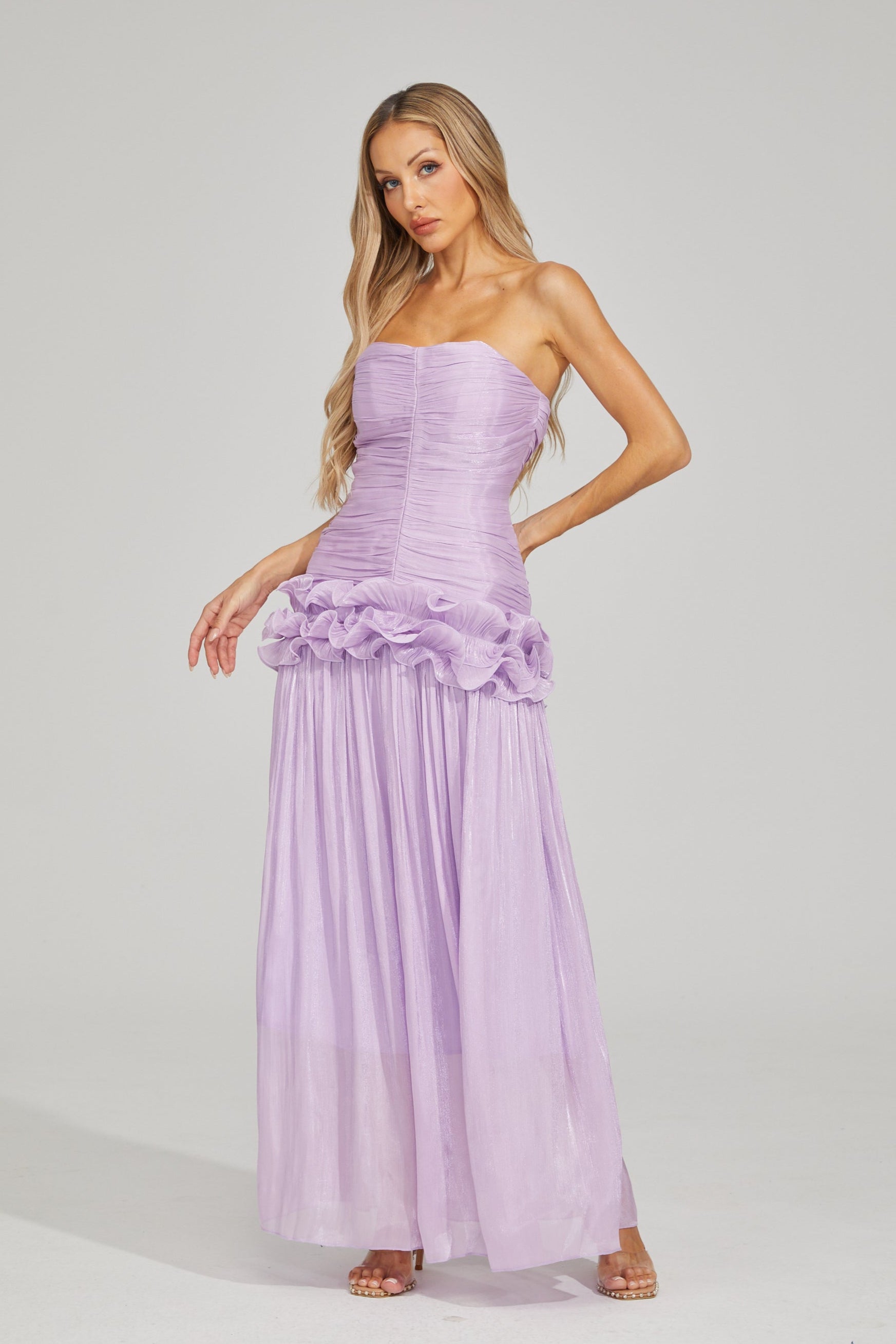 Tristane Purple Off Shoulder Ruffled Maxi Dress