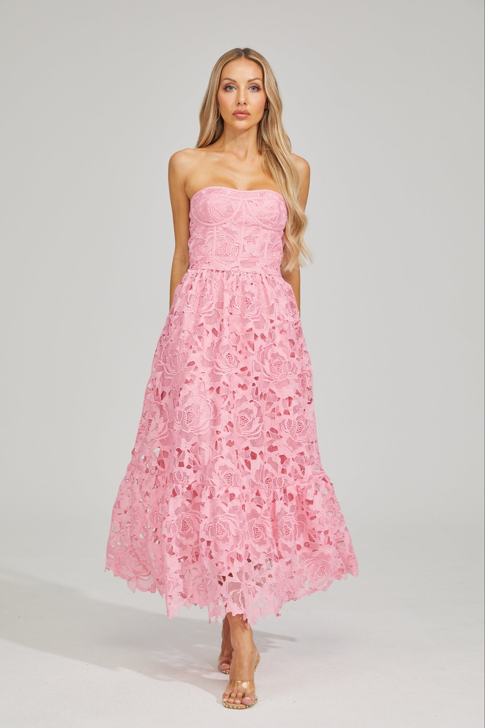 Selene Rosalie Lace Strapless Midi Dress