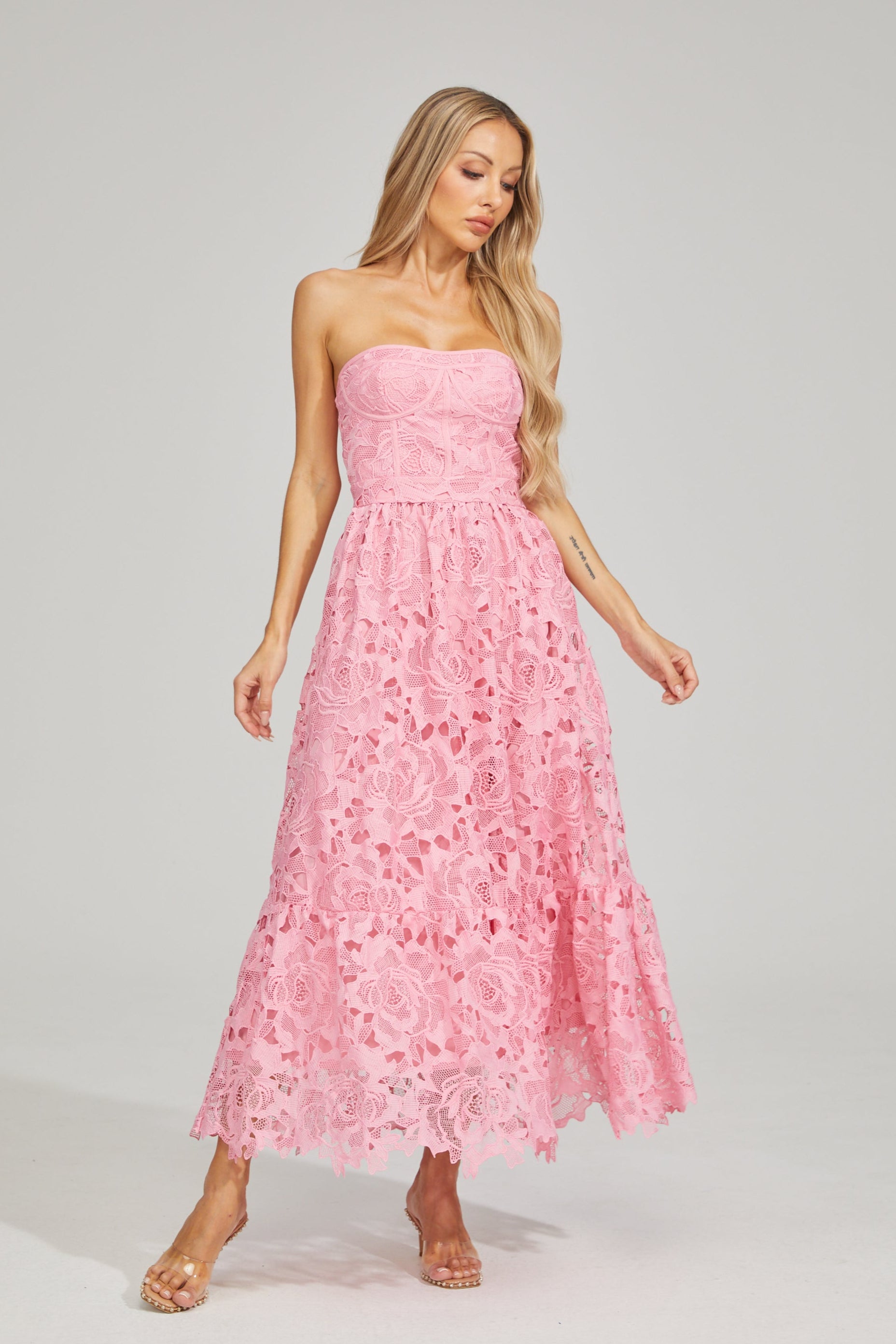 Selene Rosalie Lace Strapless Midi Dress