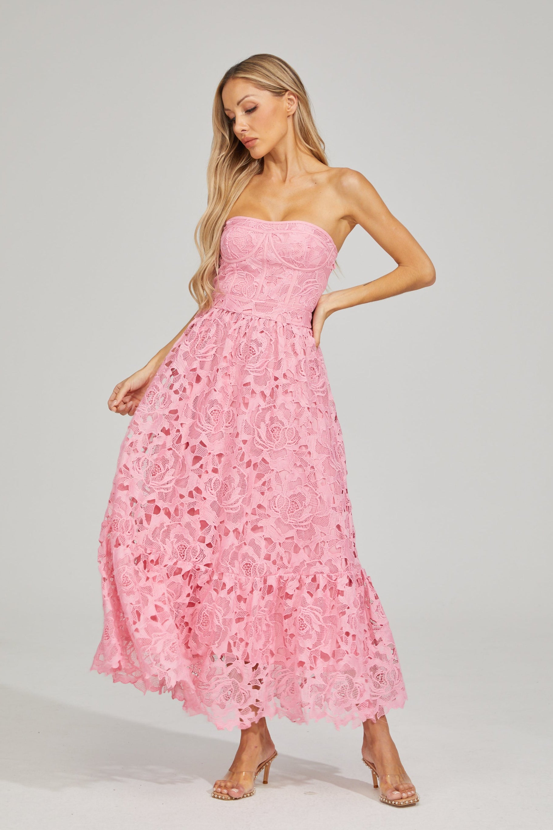Selene Rosalie Lace Strapless Midi Dress