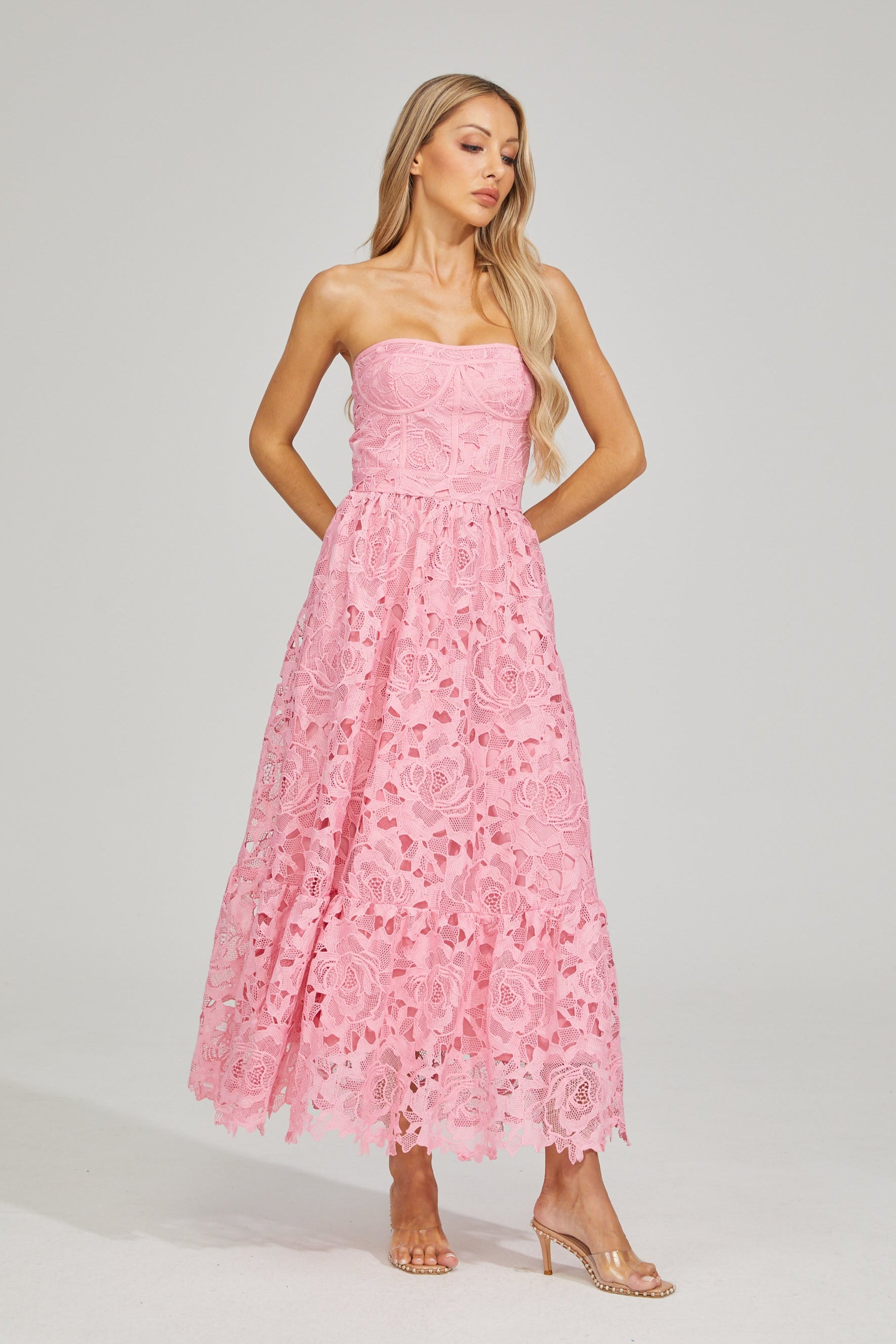 Selene Rosalie Lace Strapless Midi Dress