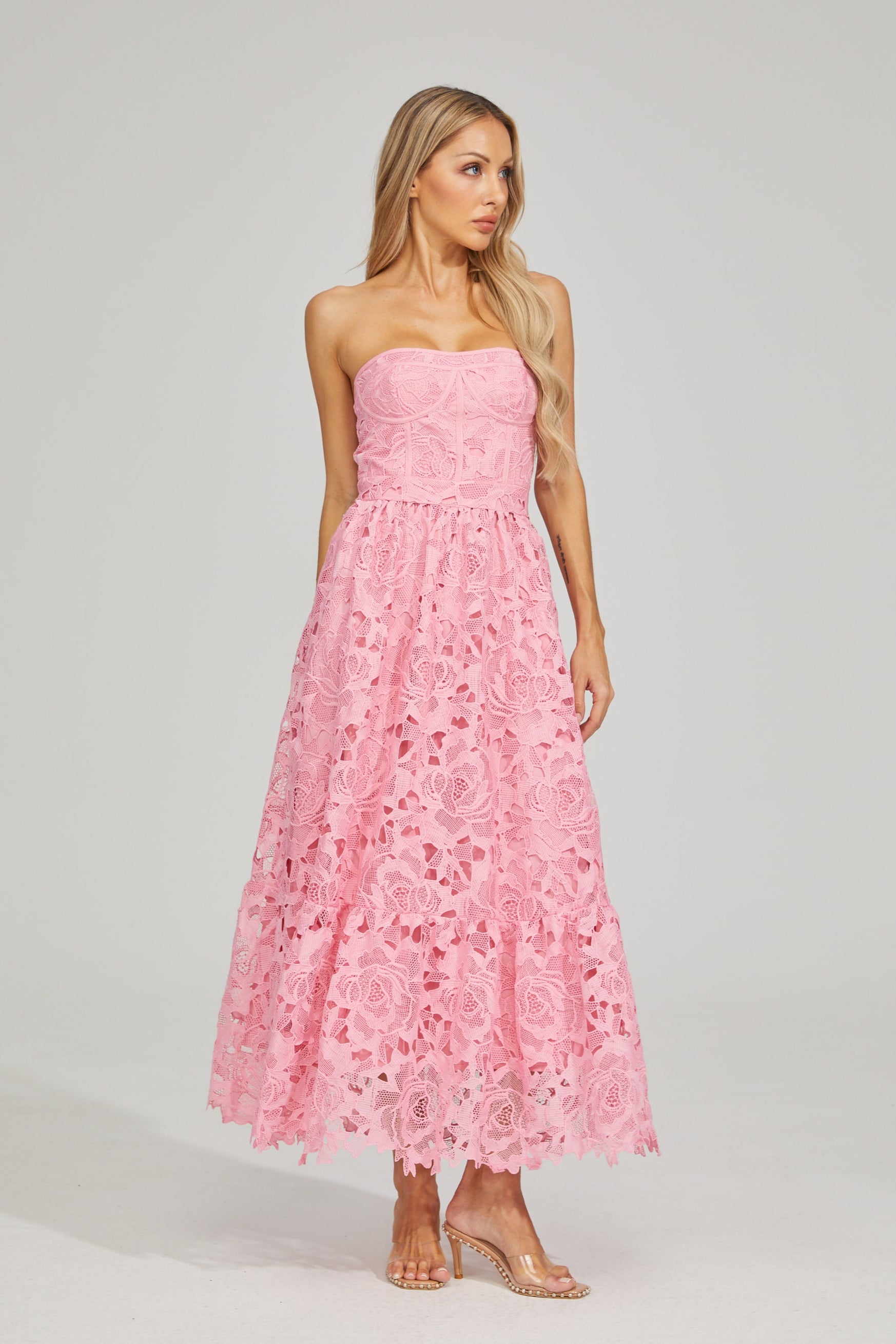 Selene Rosalie Lace Strapless Midi Dress