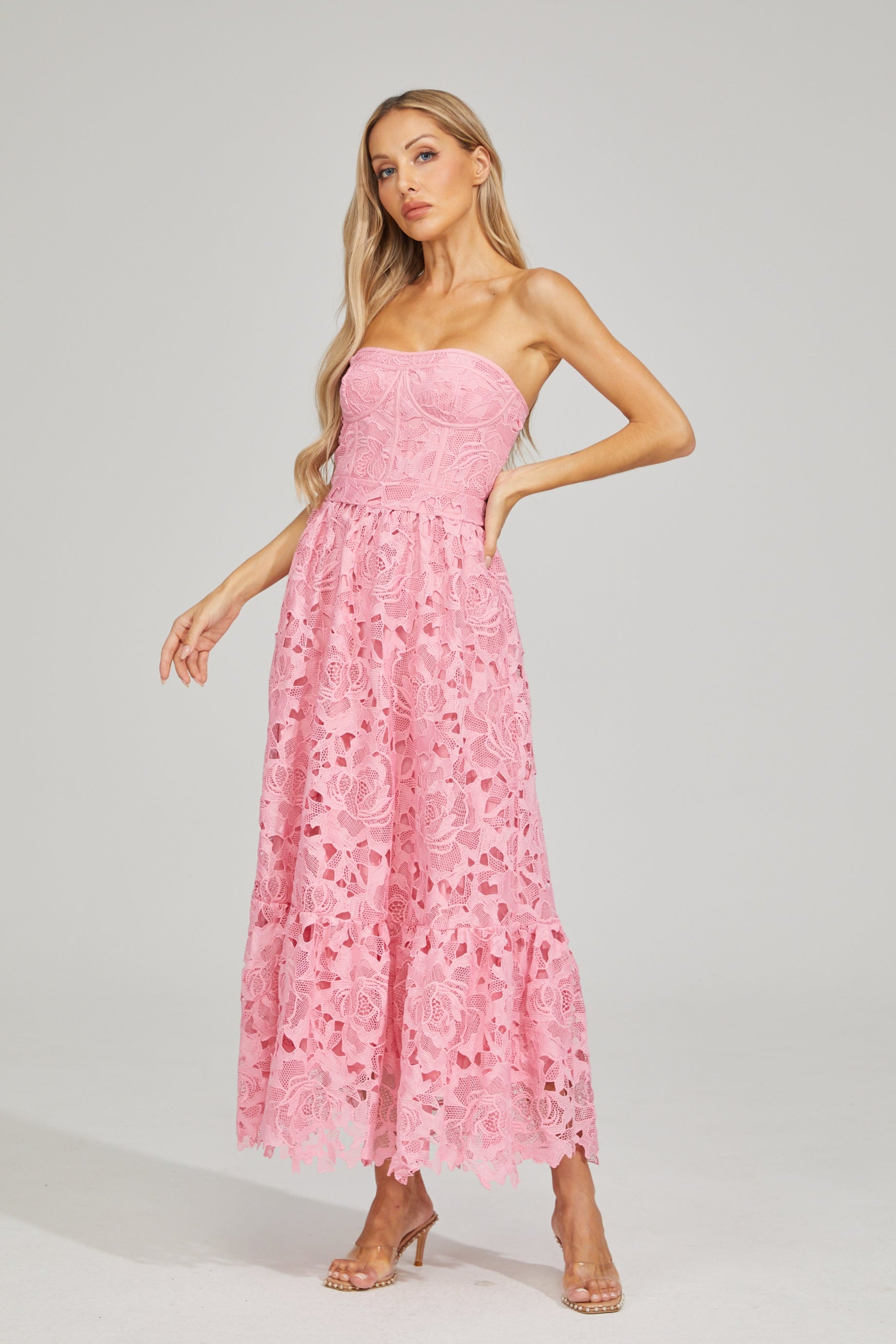 Selene Rosalie Lace Strapless Midi Dress