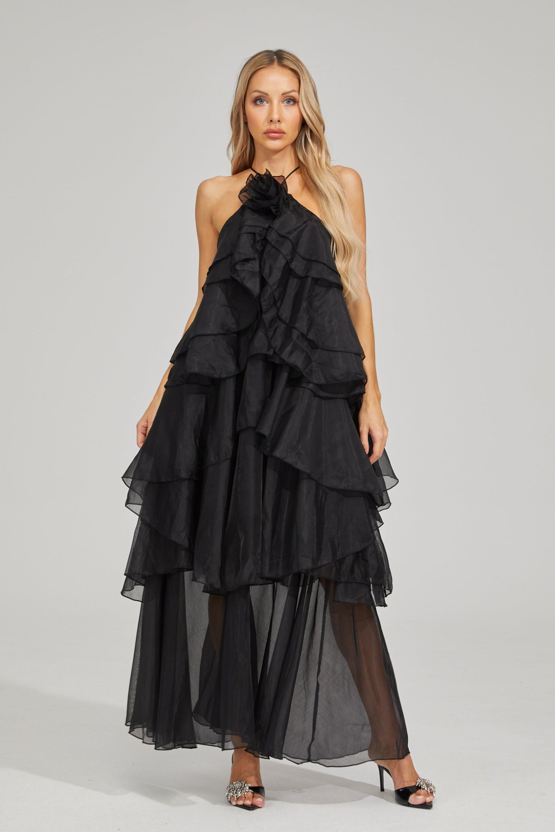 Behati Noir Cascade Ruffle Maxi Dress