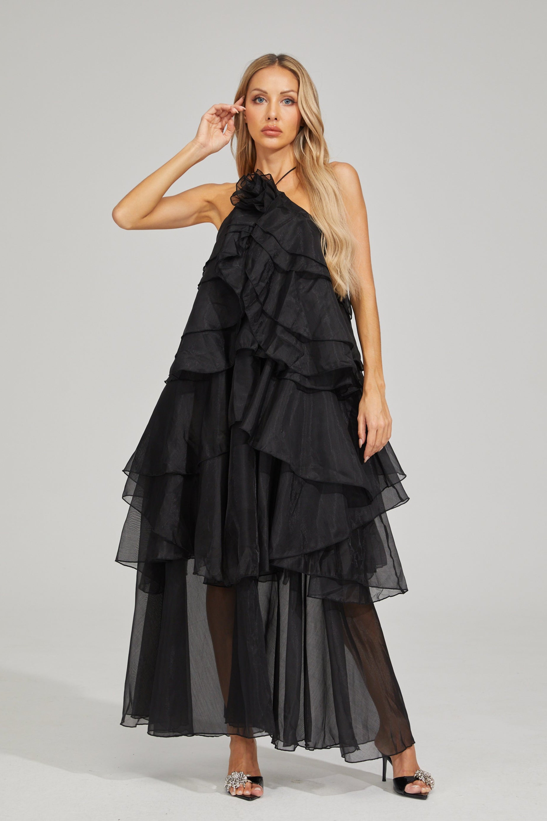 Behati Noir Cascade Ruffle Maxi Dress