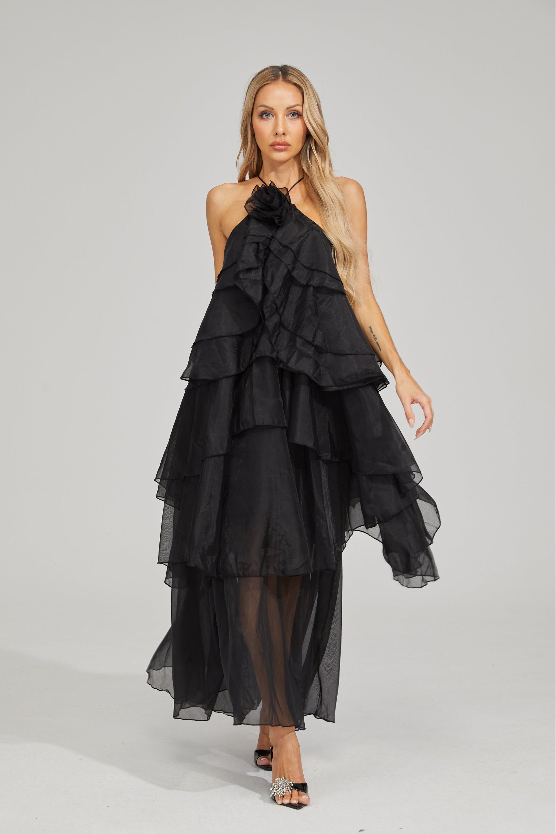 Behati Noir Cascade Ruffle Maxi Dress