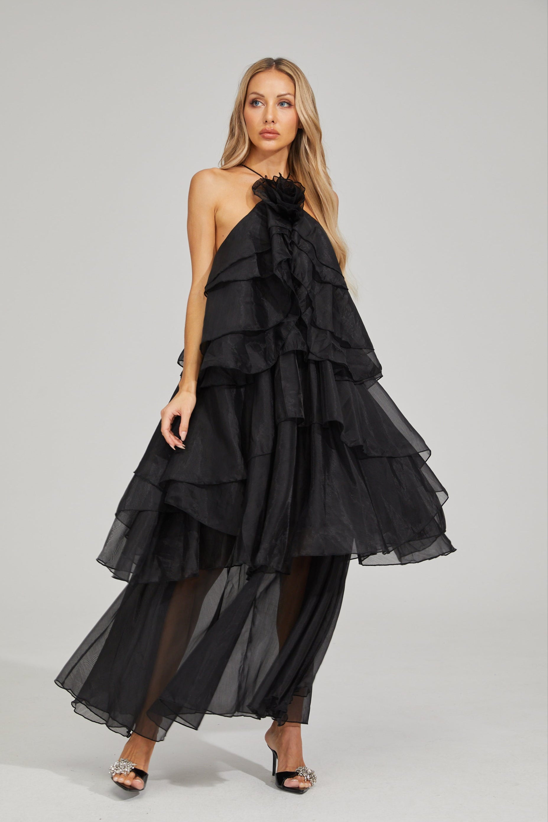 Behati Noir Cascade Ruffle Maxi Dress