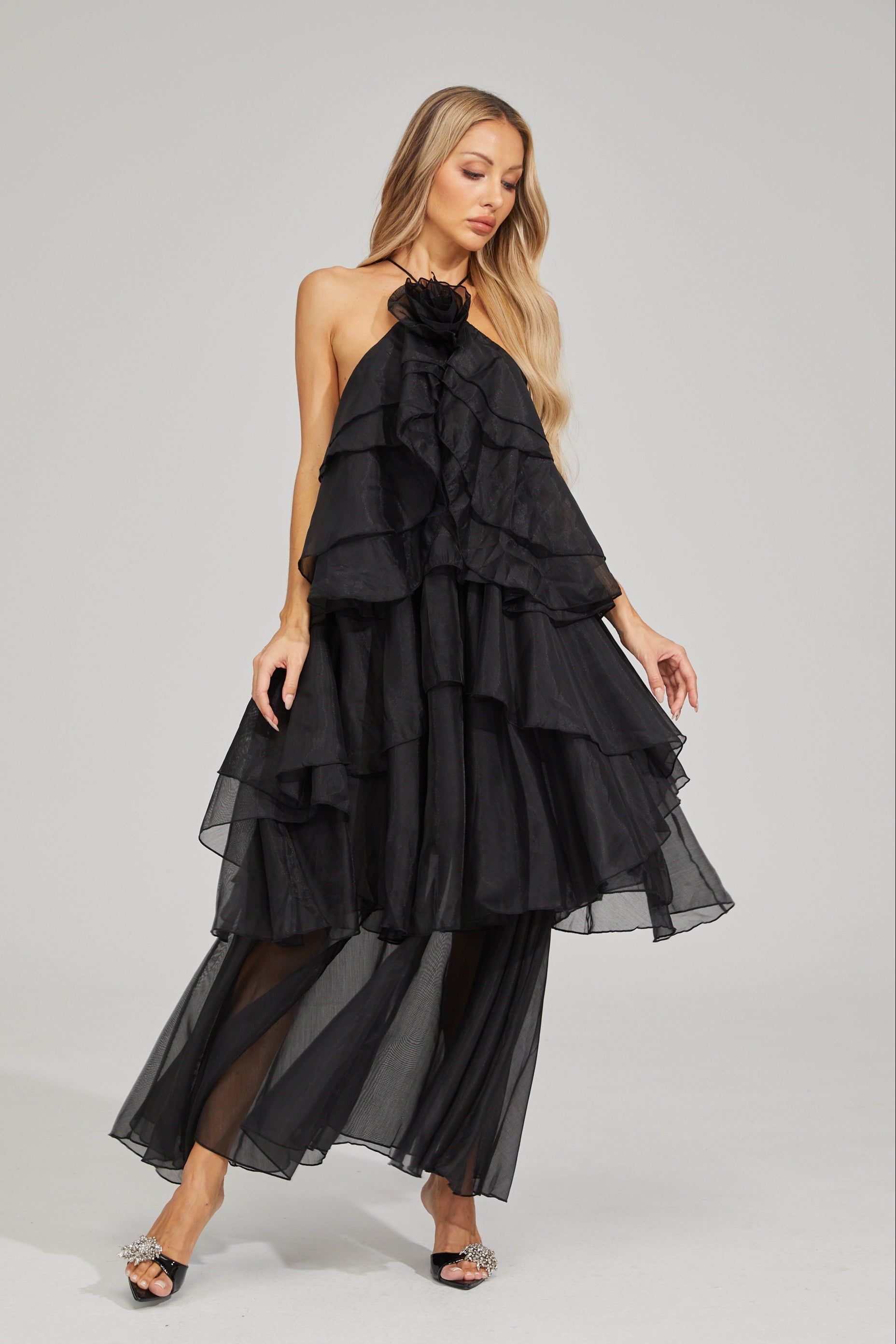 Behati Noir Cascade Ruffle Maxi Dress
