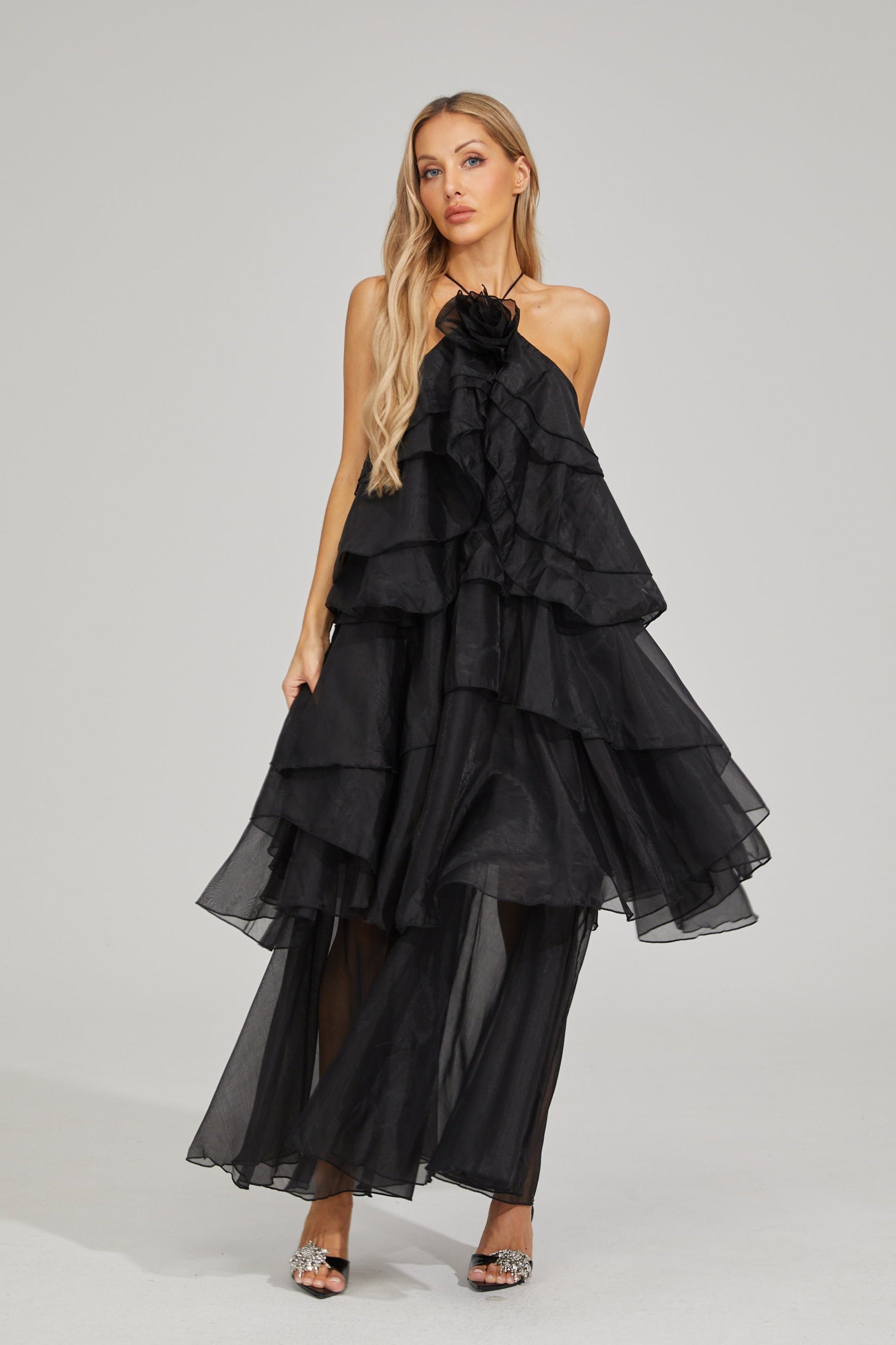Behati Noir Cascade Ruffle Maxi Dress