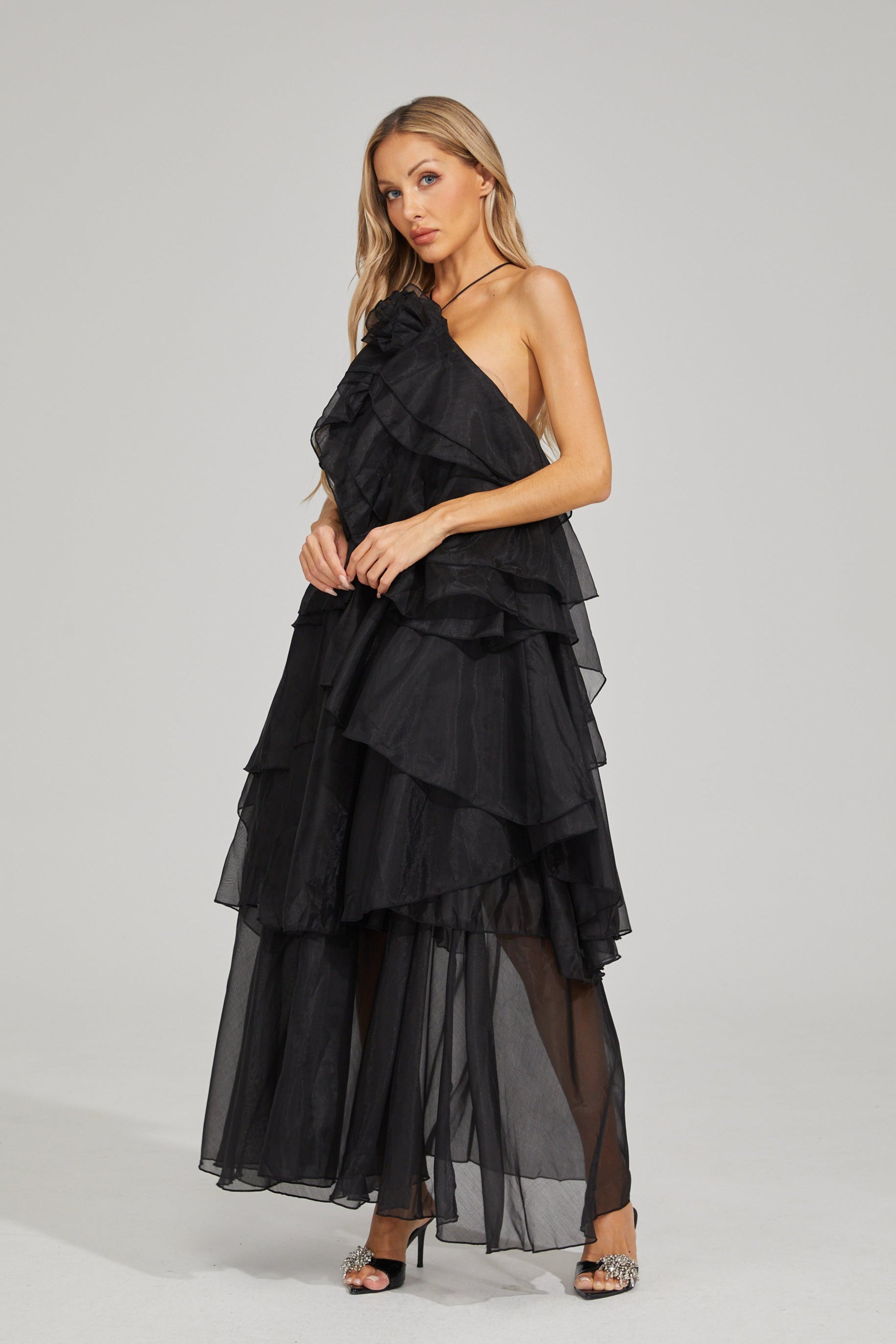 Behati Noir Cascade Ruffle Maxi Dress