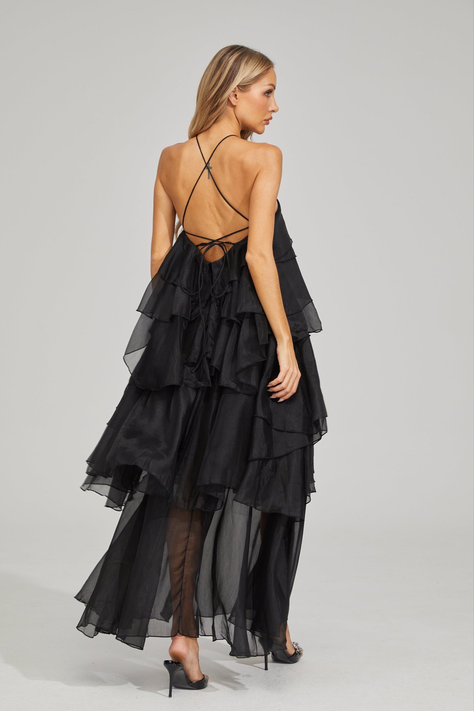 Behati Noir Cascade Ruffle Maxi Dress