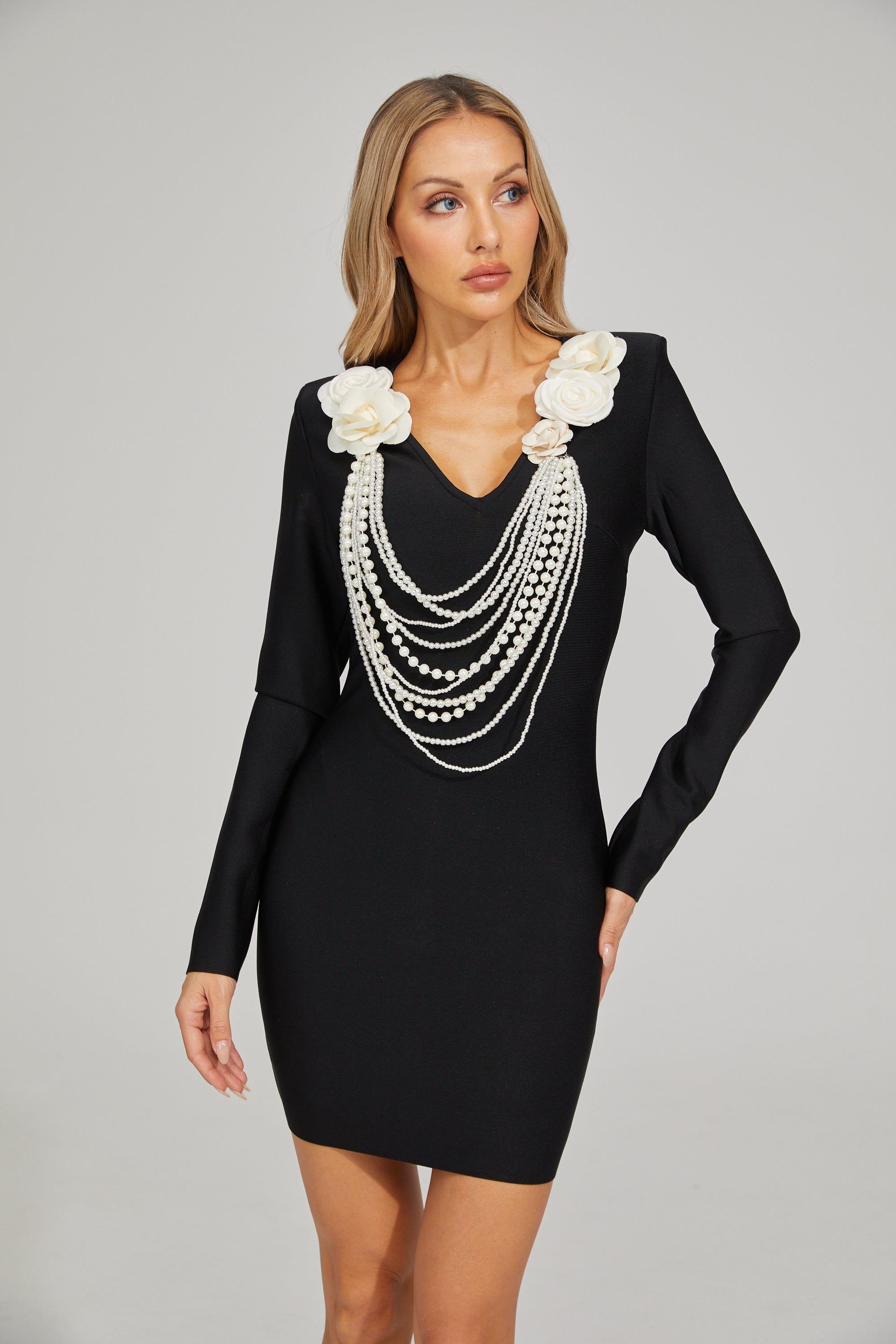 Meliora Pearl Blossom V-Neck Mini Dress