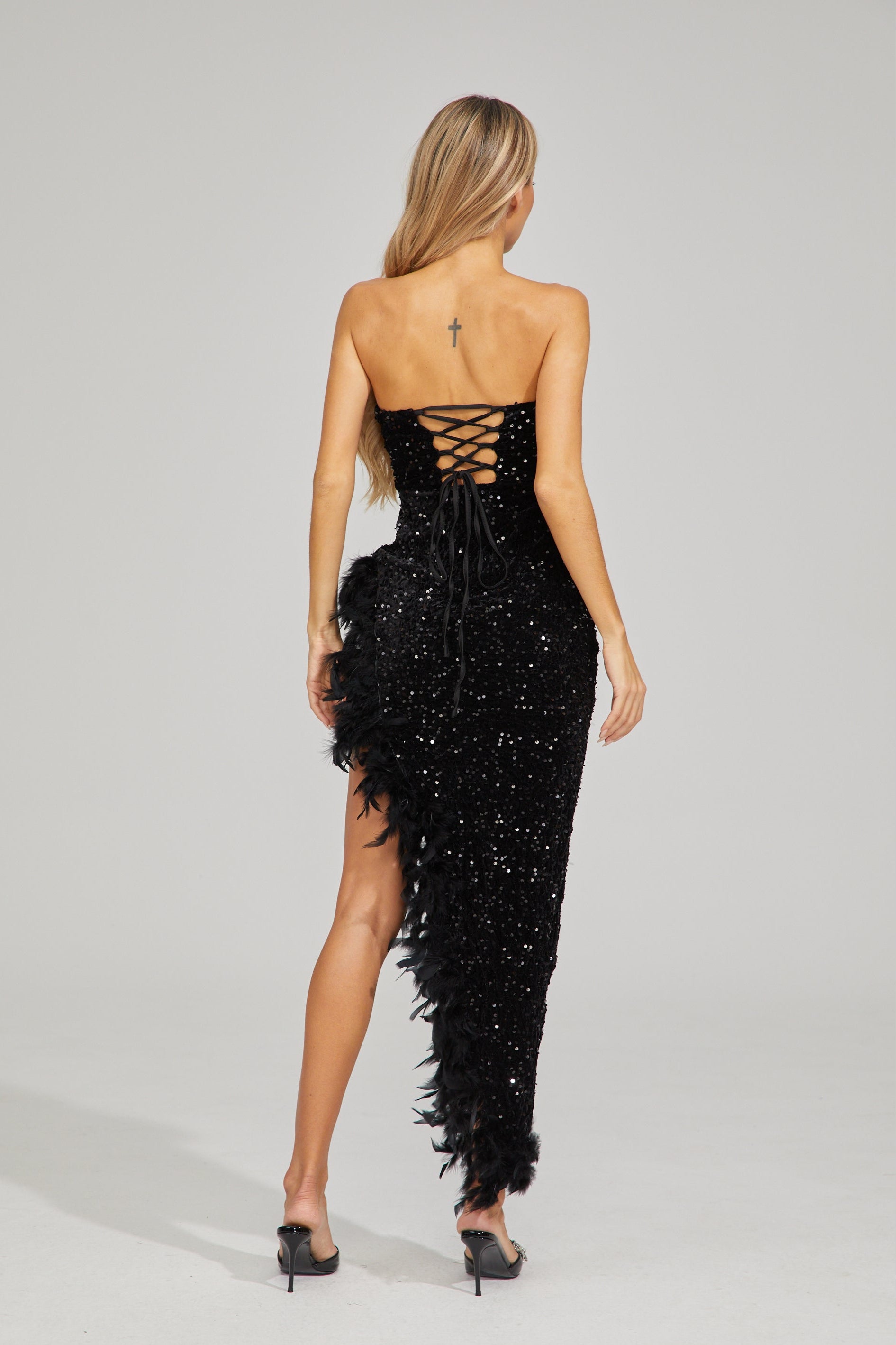 Kira Black Sequin Feather Maxi Dress