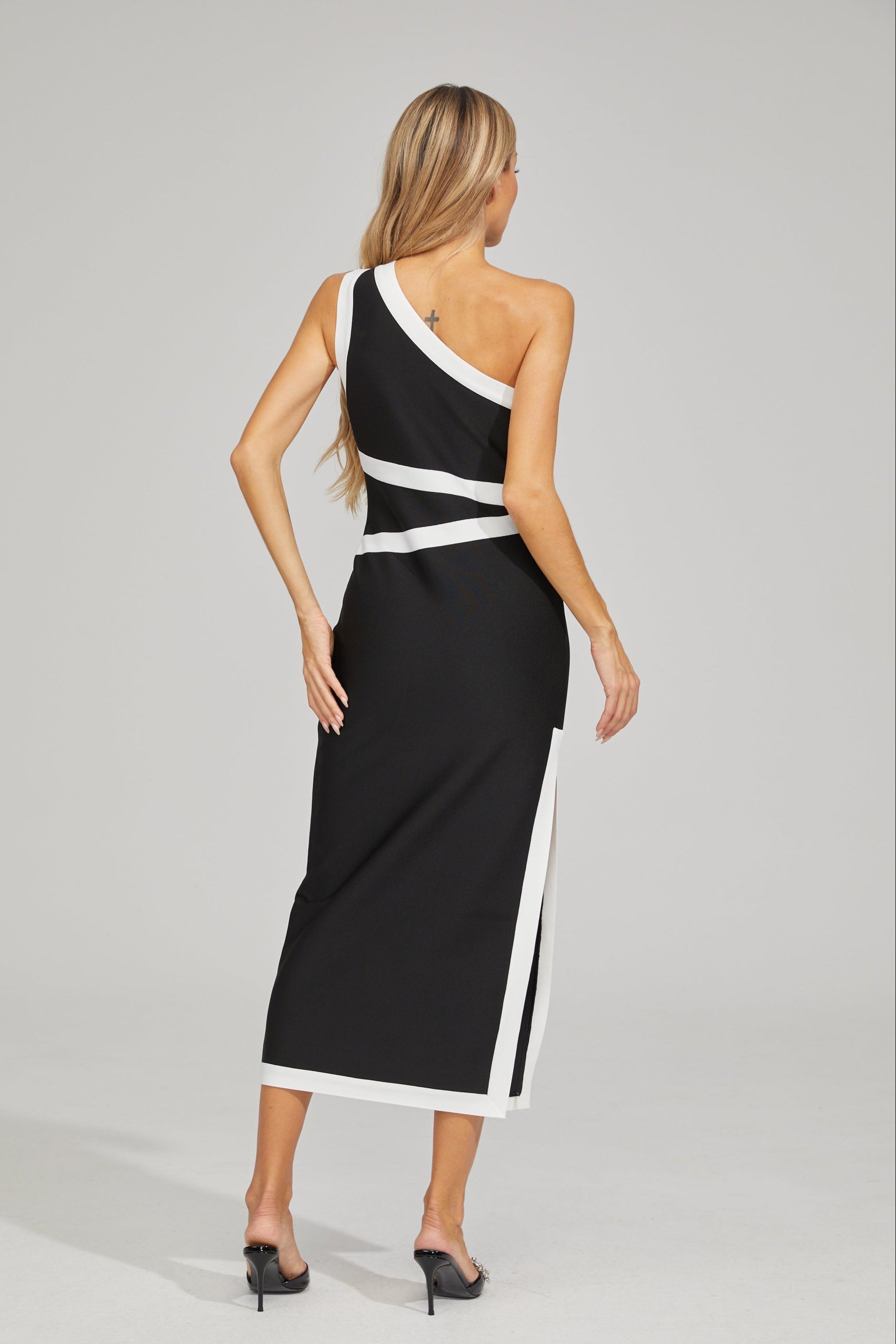 Allegra Monochrome Edge Asymmetrical Midi Dress