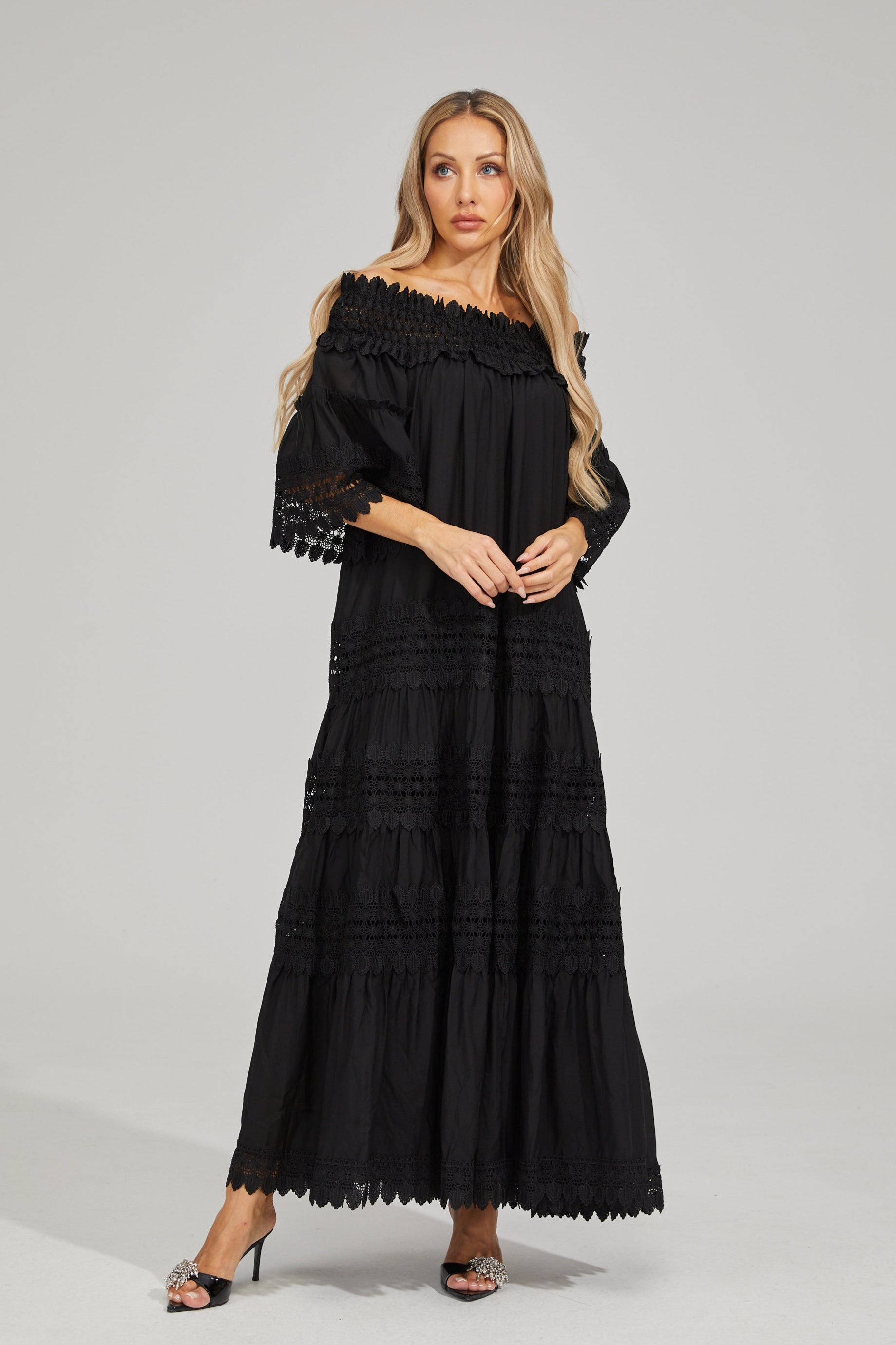 Rainaude Black Off-Shoulder Lace Maxi Dress