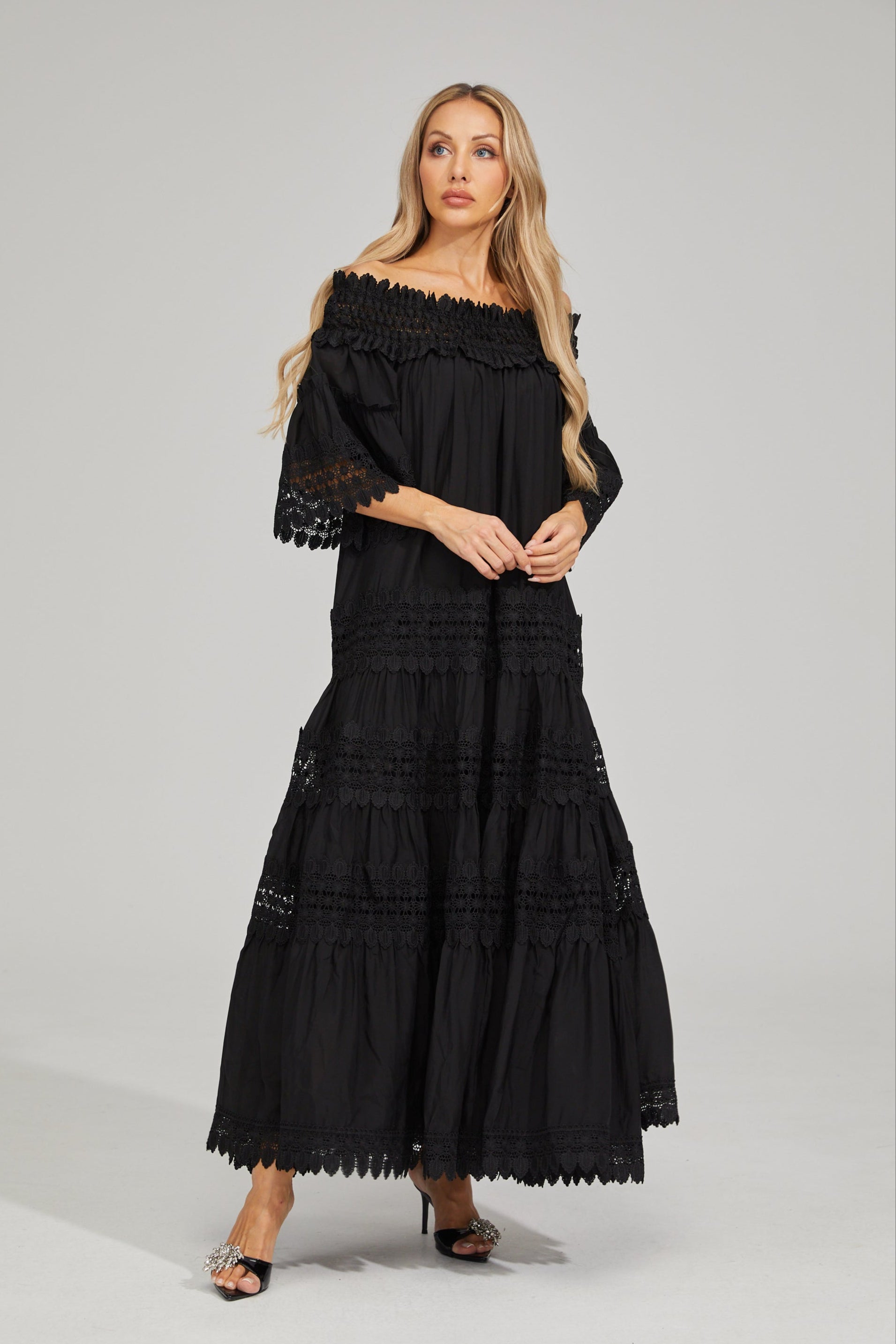 Rainaude Black Off-Shoulder Lace Maxi Dress