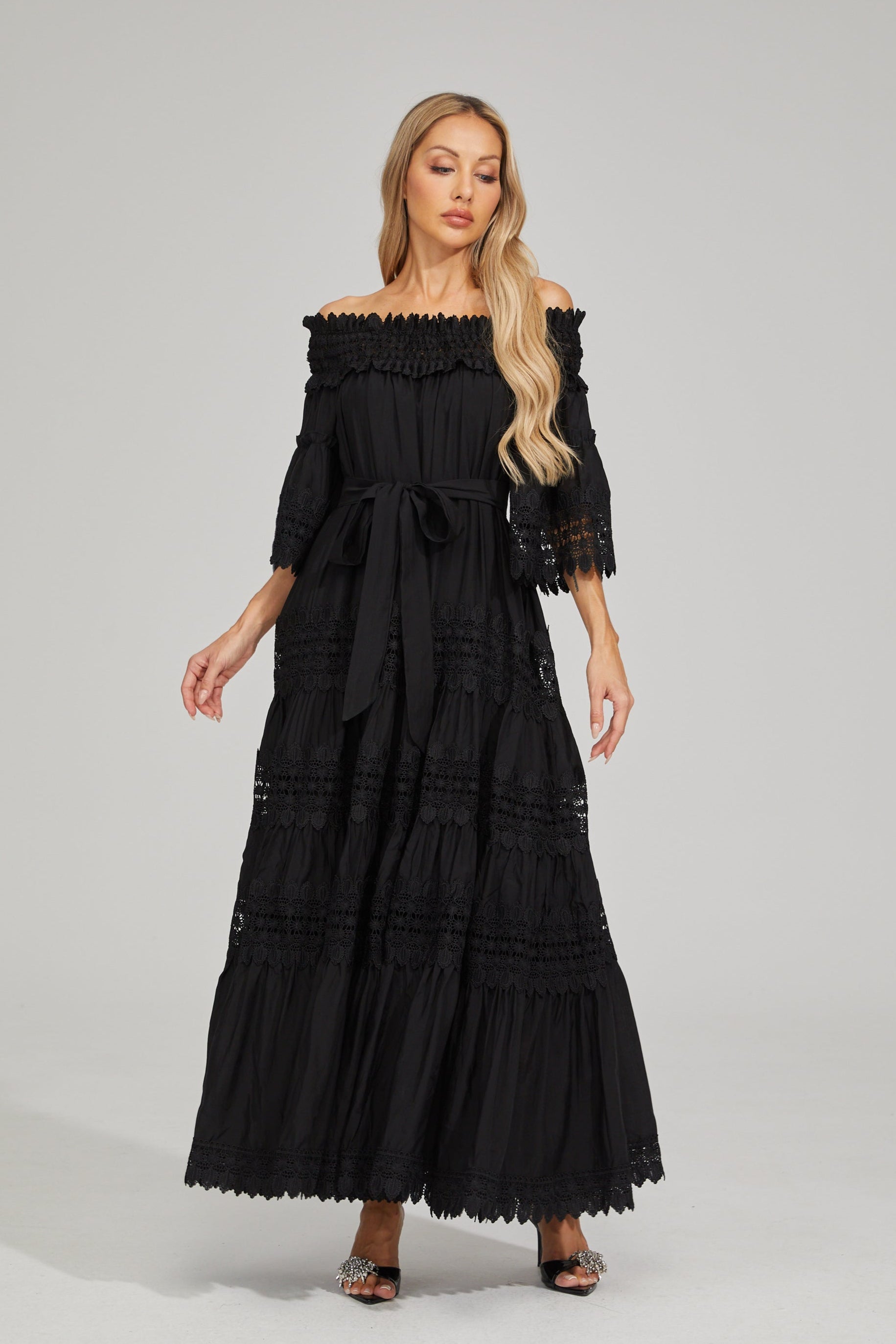 Rainaude Black Off-Shoulder Lace Maxi Dress