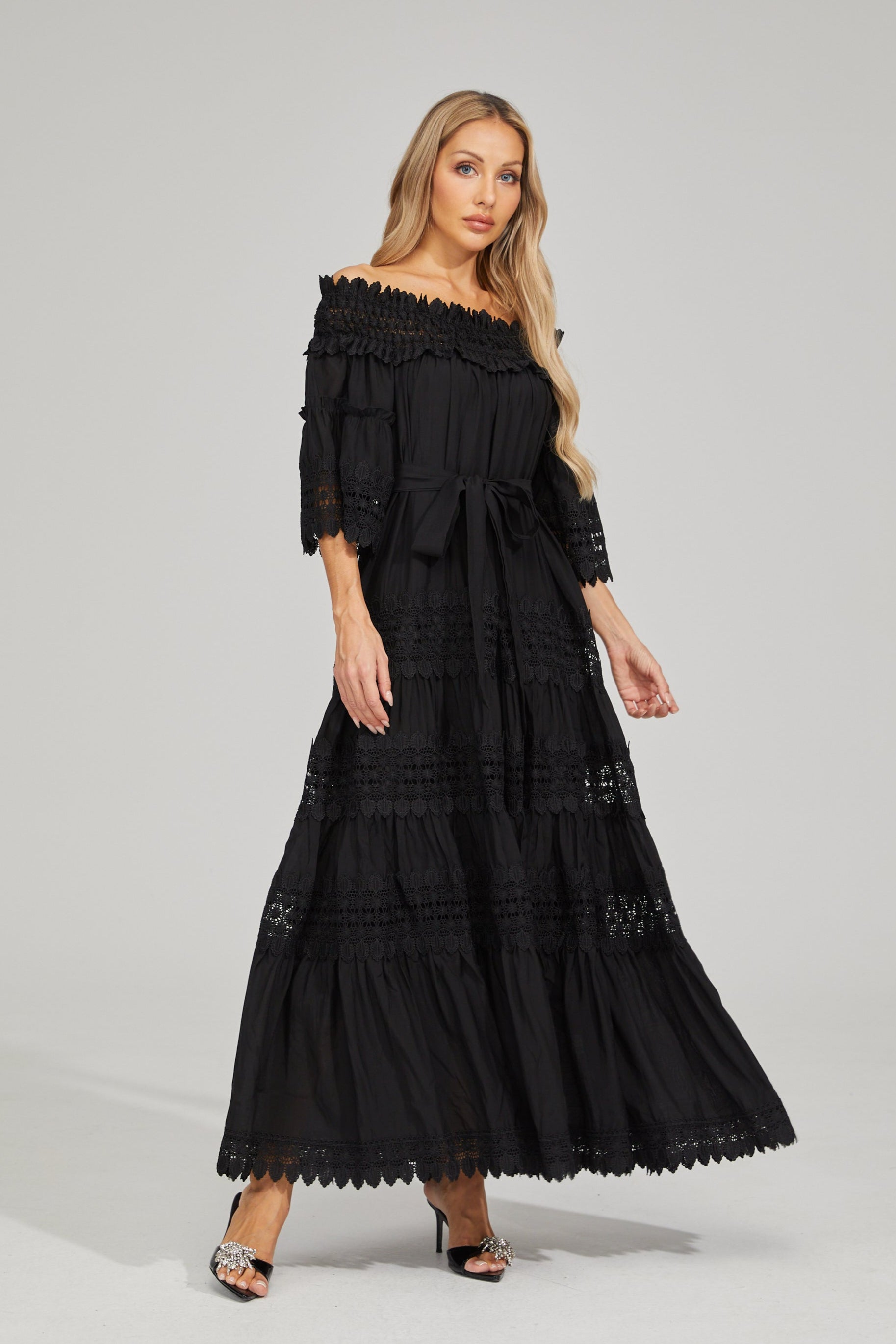 Rainaude Black Off-Shoulder Lace Maxi Dress