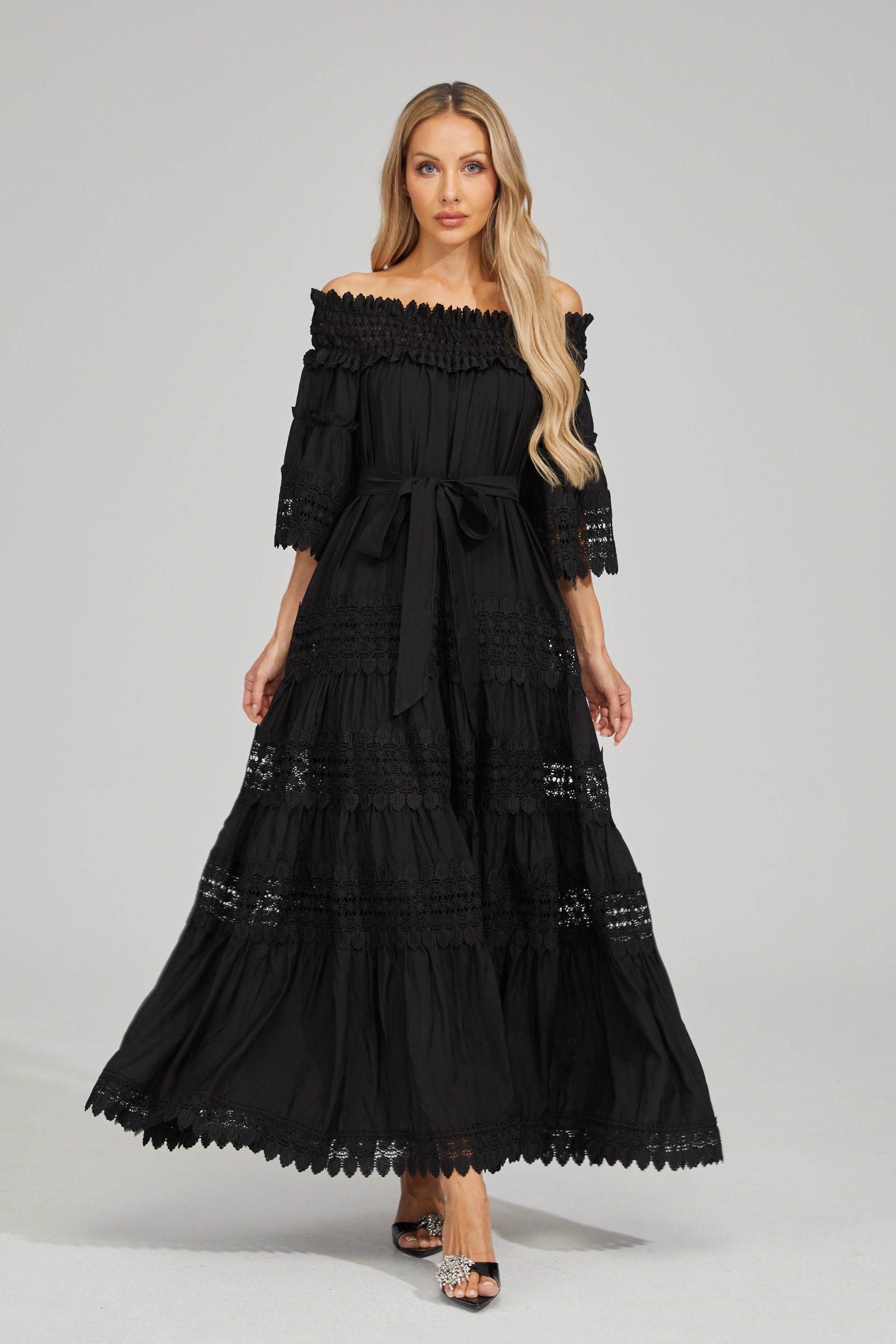 Rainaude Black Off-Shoulder Lace Maxi Dress