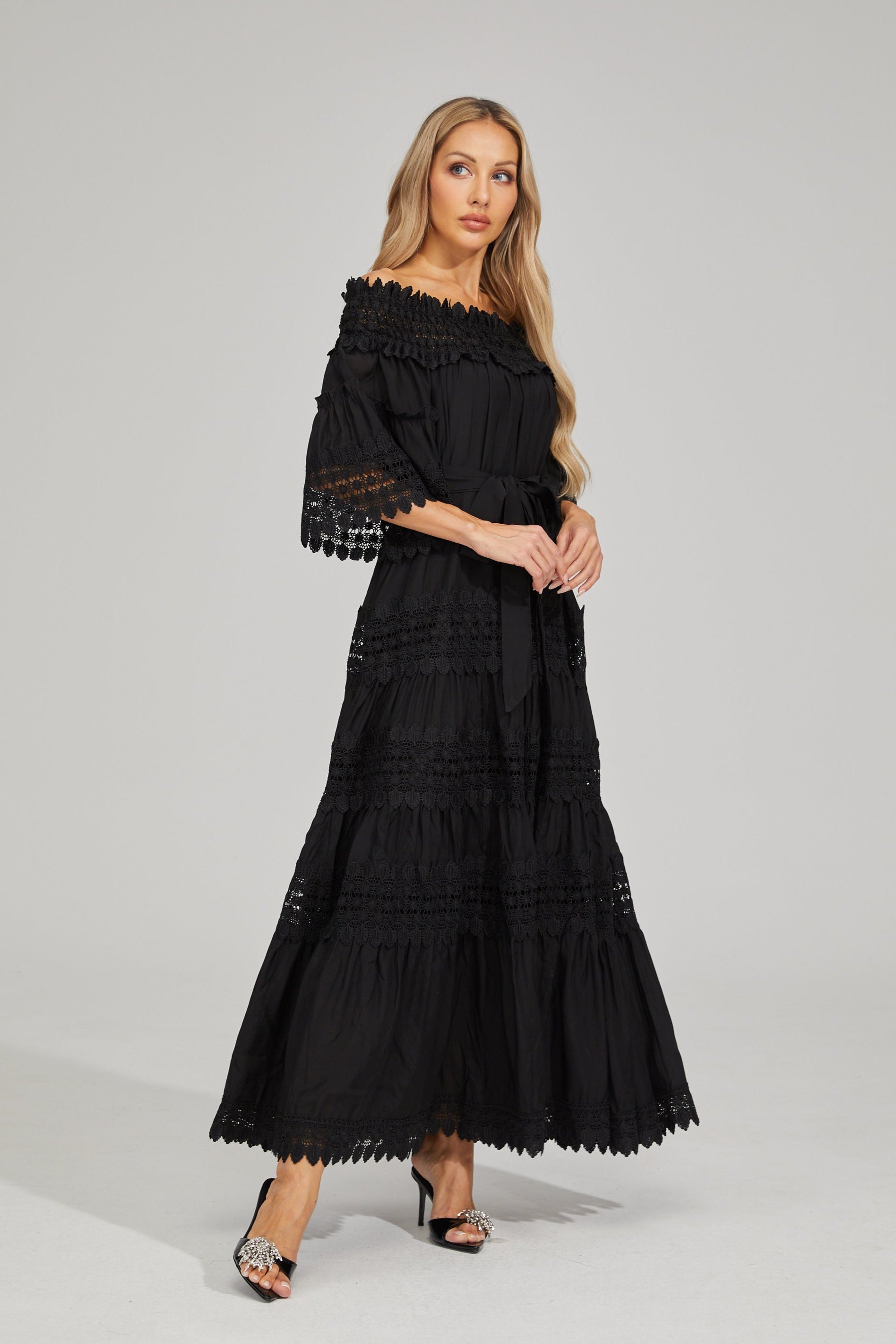 Rainaude Black Off-Shoulder Lace Maxi Dress