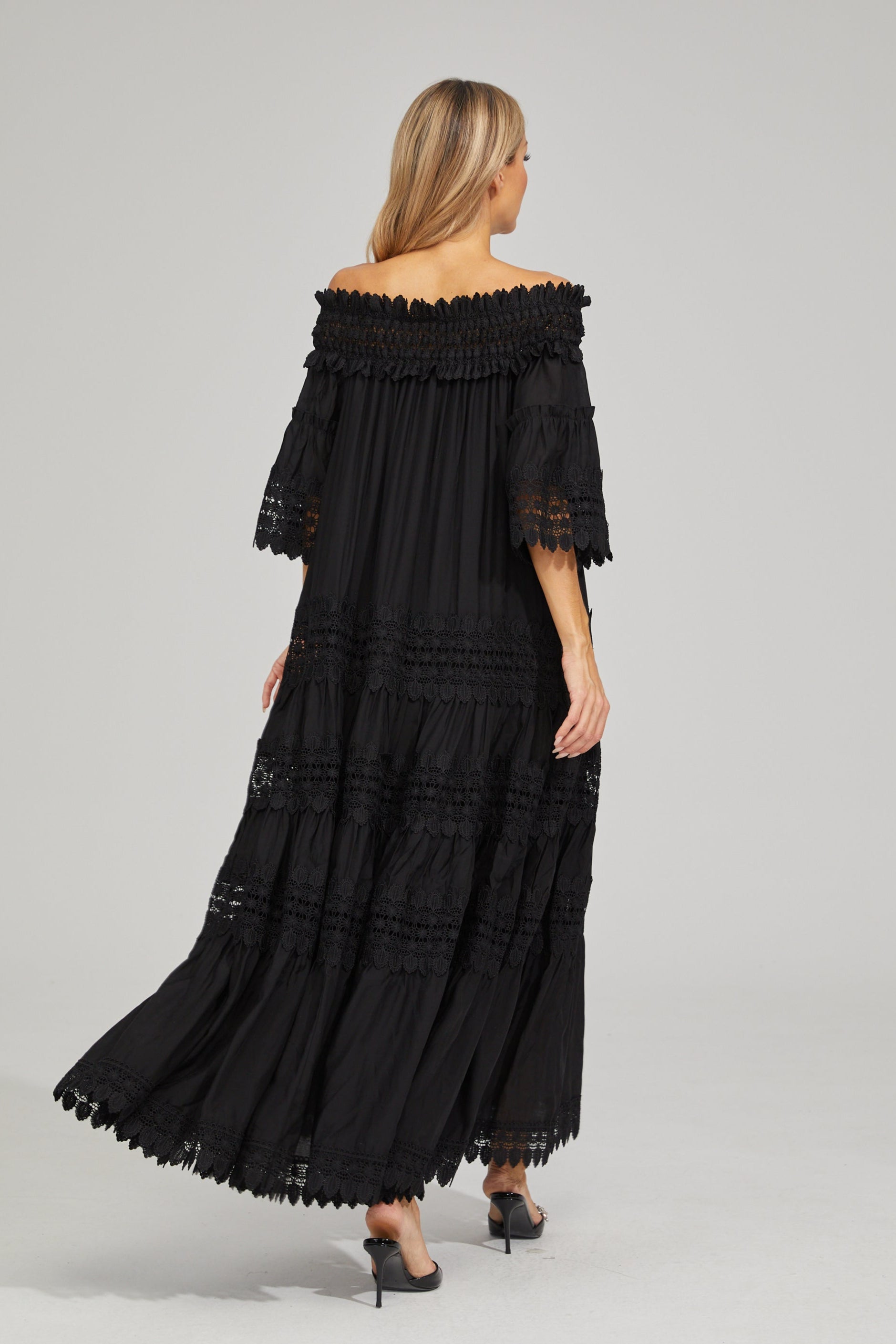 Rainaude Black Off-Shoulder Lace Maxi Dress