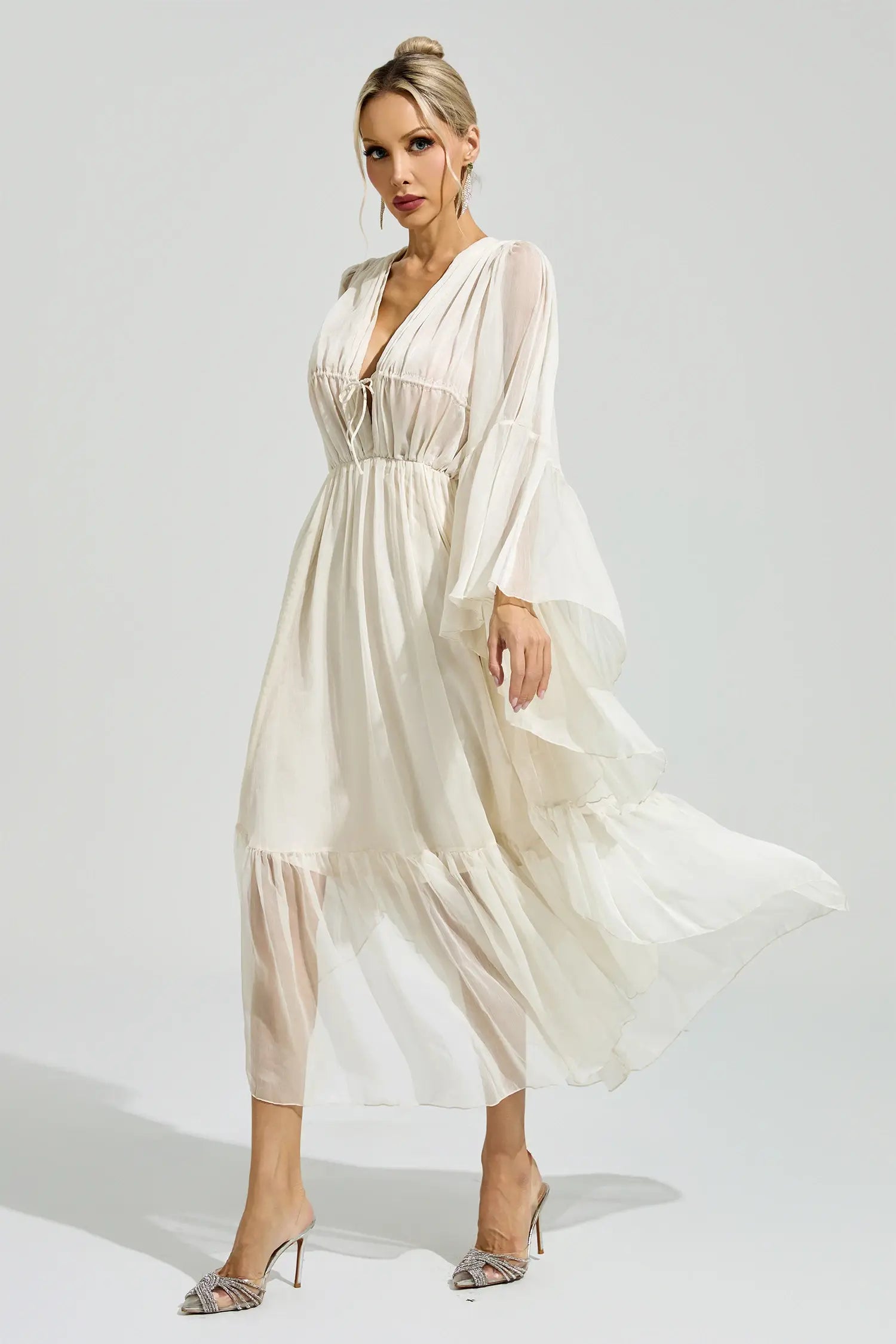 Natalia Beige Ruffle Maxi Dress
